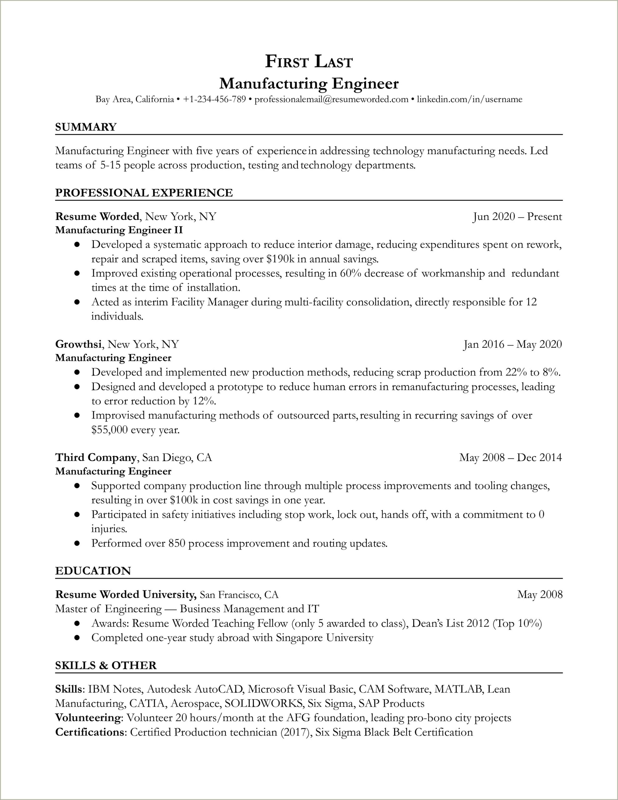 Skills Of Production Engineer For Resume