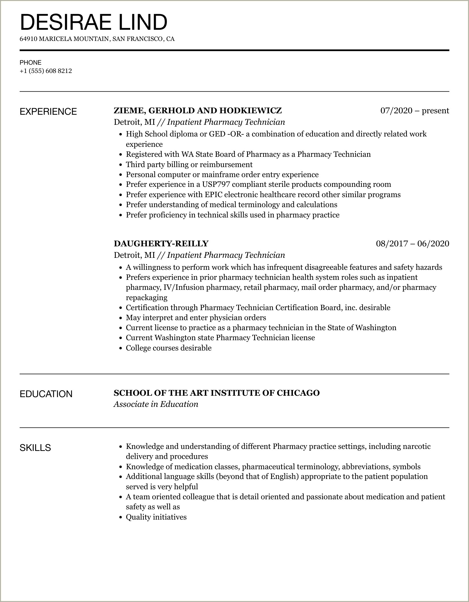 Skills Of Resume For Pharmacy Technician