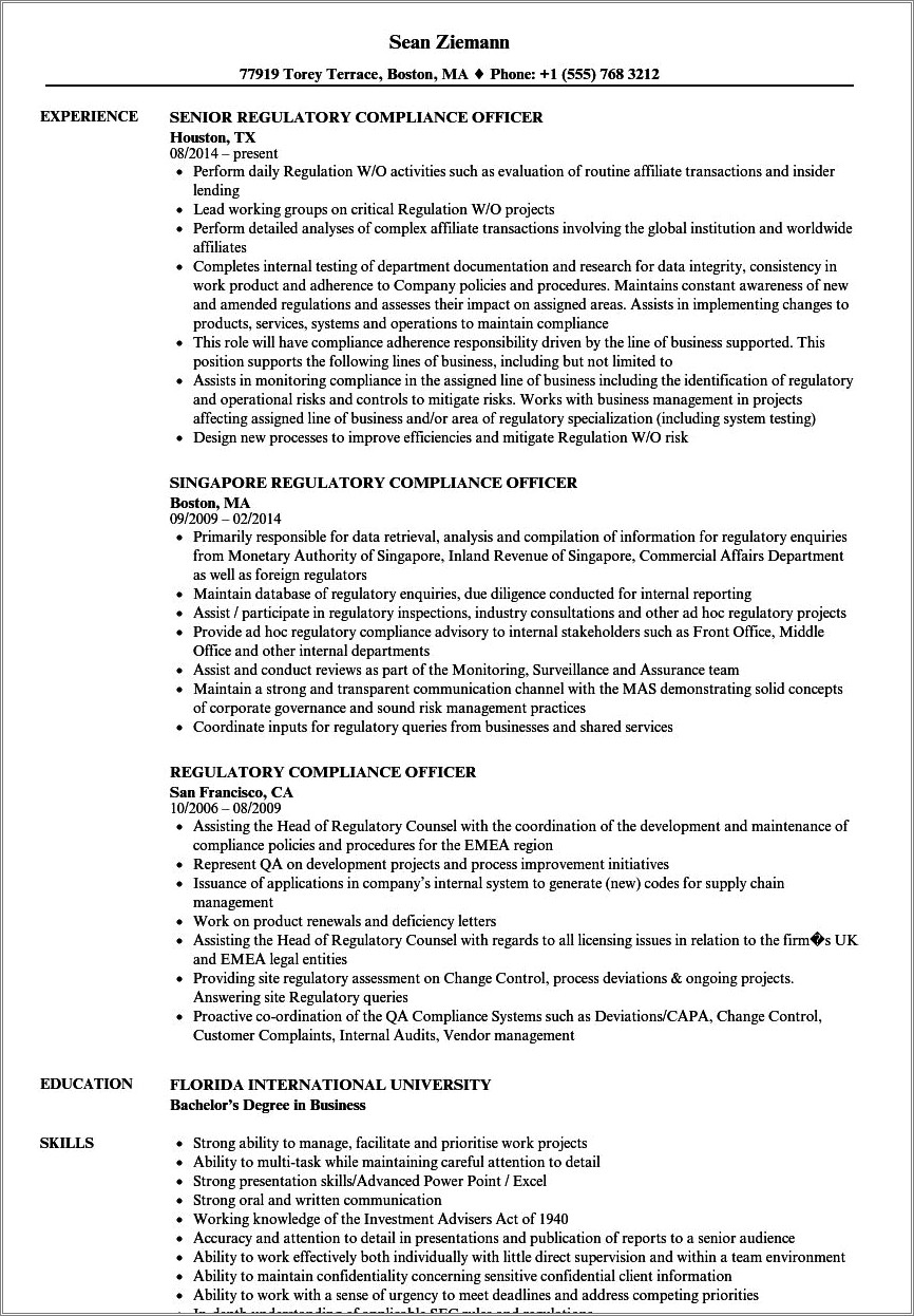 Skills On A Regulatory Compliance Manager Resume