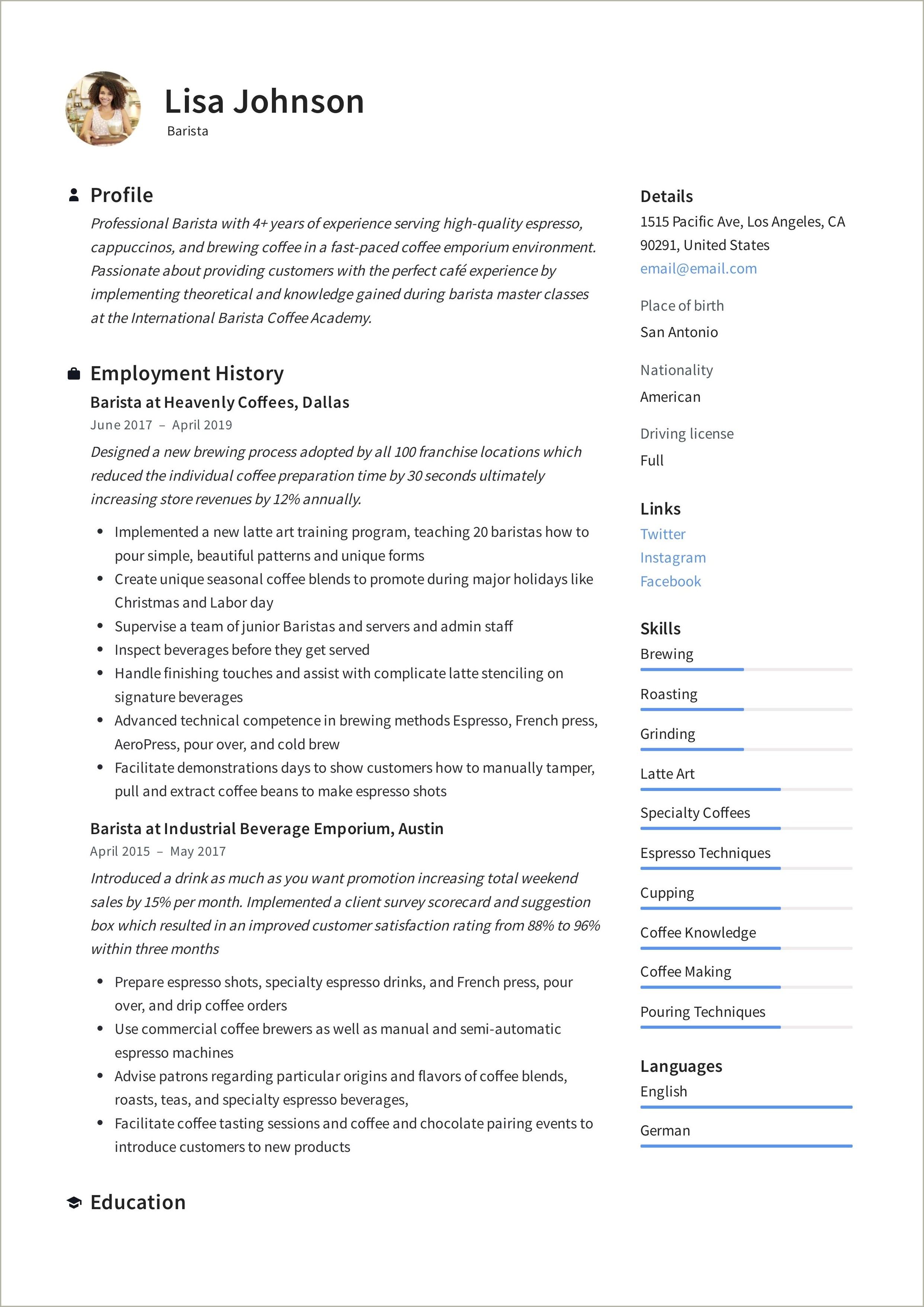 Skills On Resume For Barista Customer Service