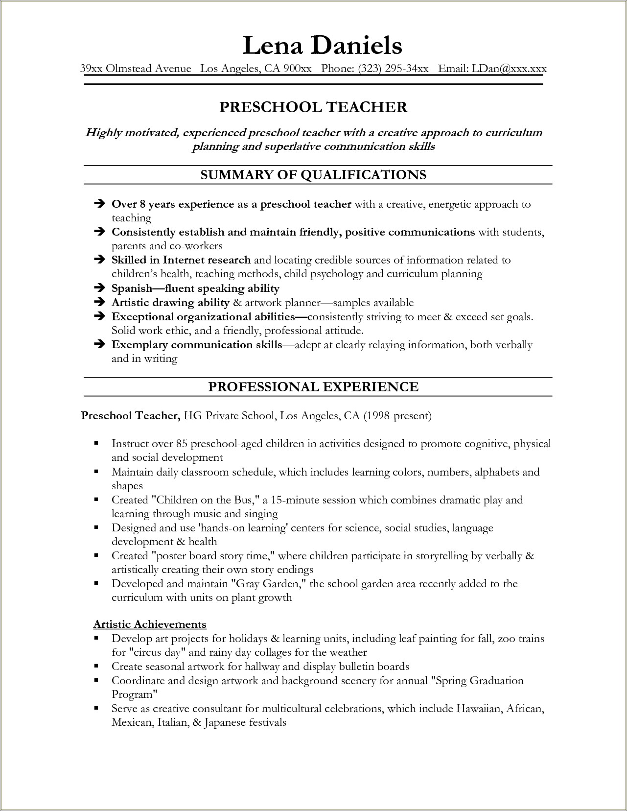 Skills On Resume For Preschool Teacher