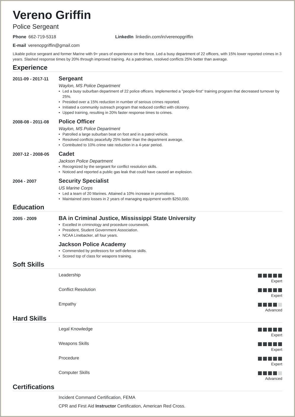 Skills Portion Of Resume Police Officer