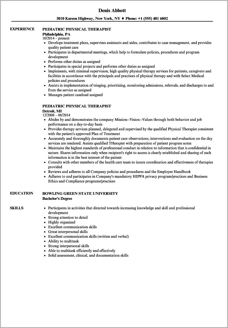 Skills Relevant For Physical Therapy Job Resume