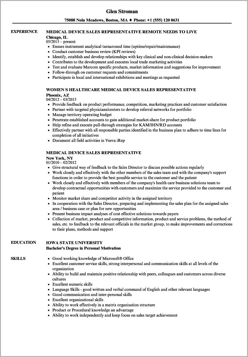 Skills Required For Medical Sales Resume