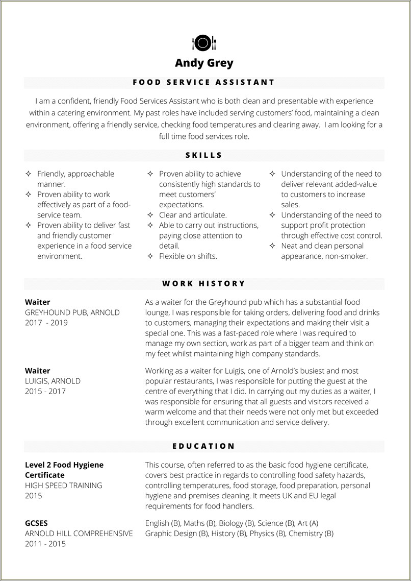 Skills Section Of Resume Food Service