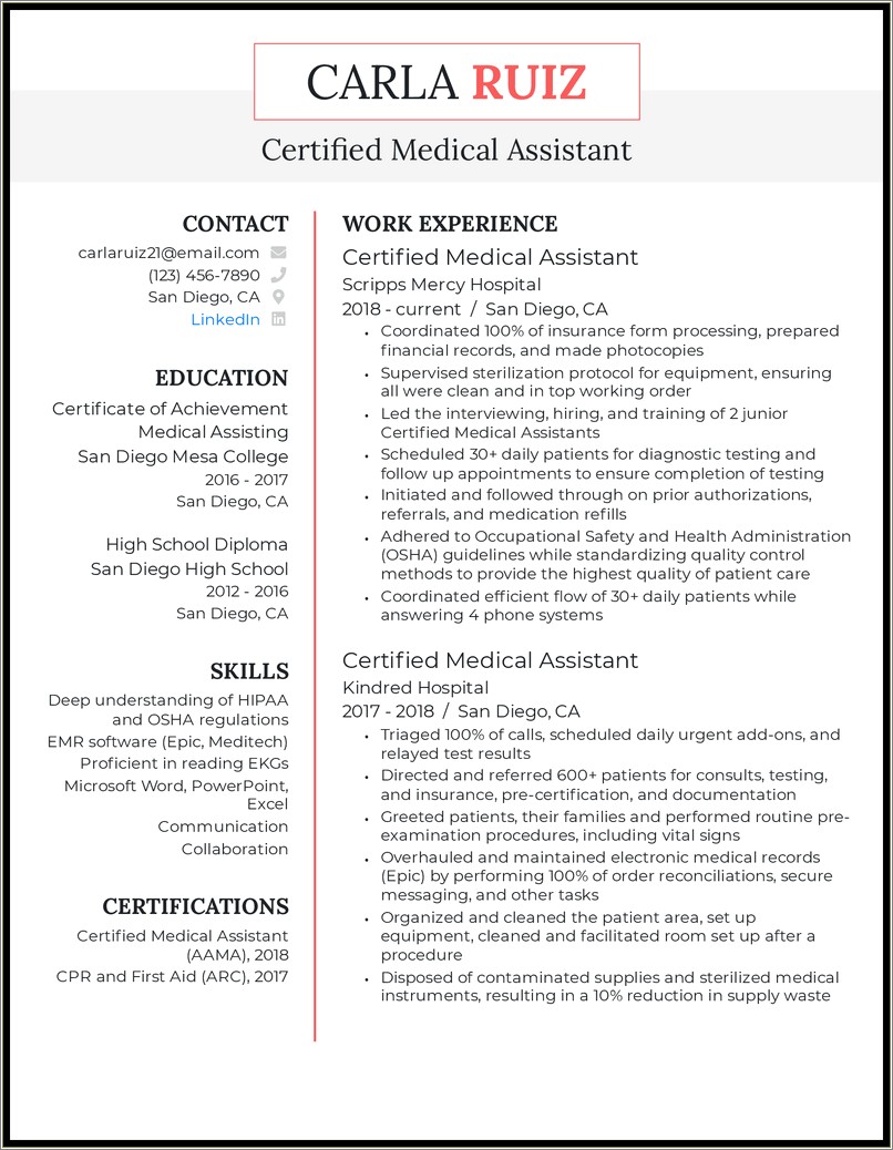 Skills Section Of Resume For Medical Assistant