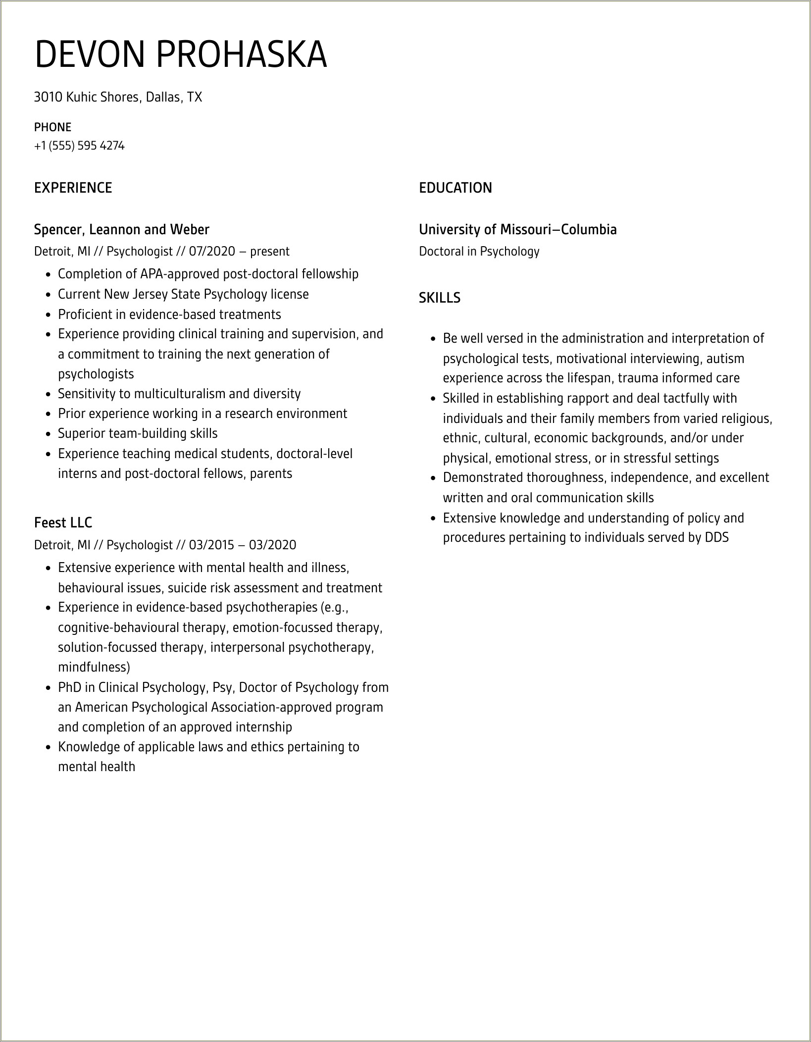 Skills Section Of Resume Psychology Research