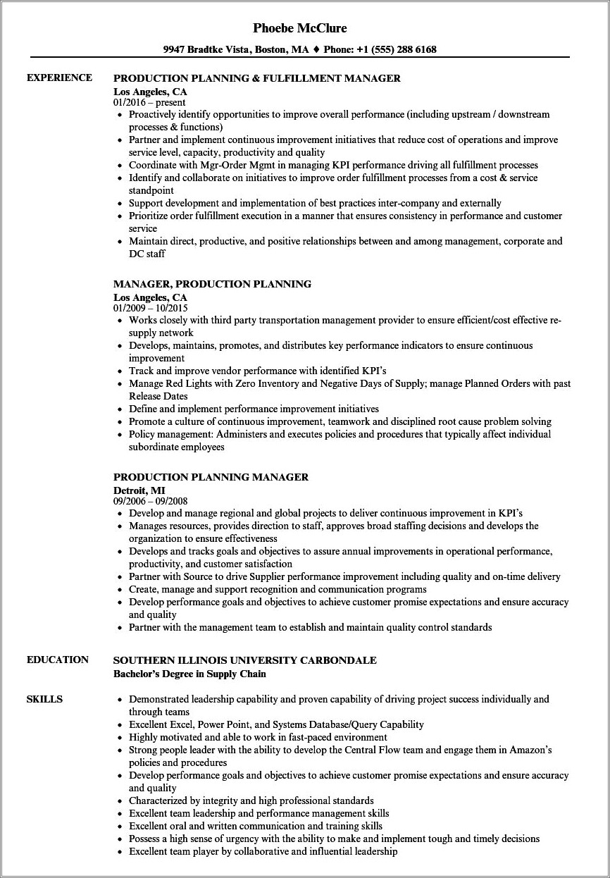 Skills Set For Production Planning On Resume