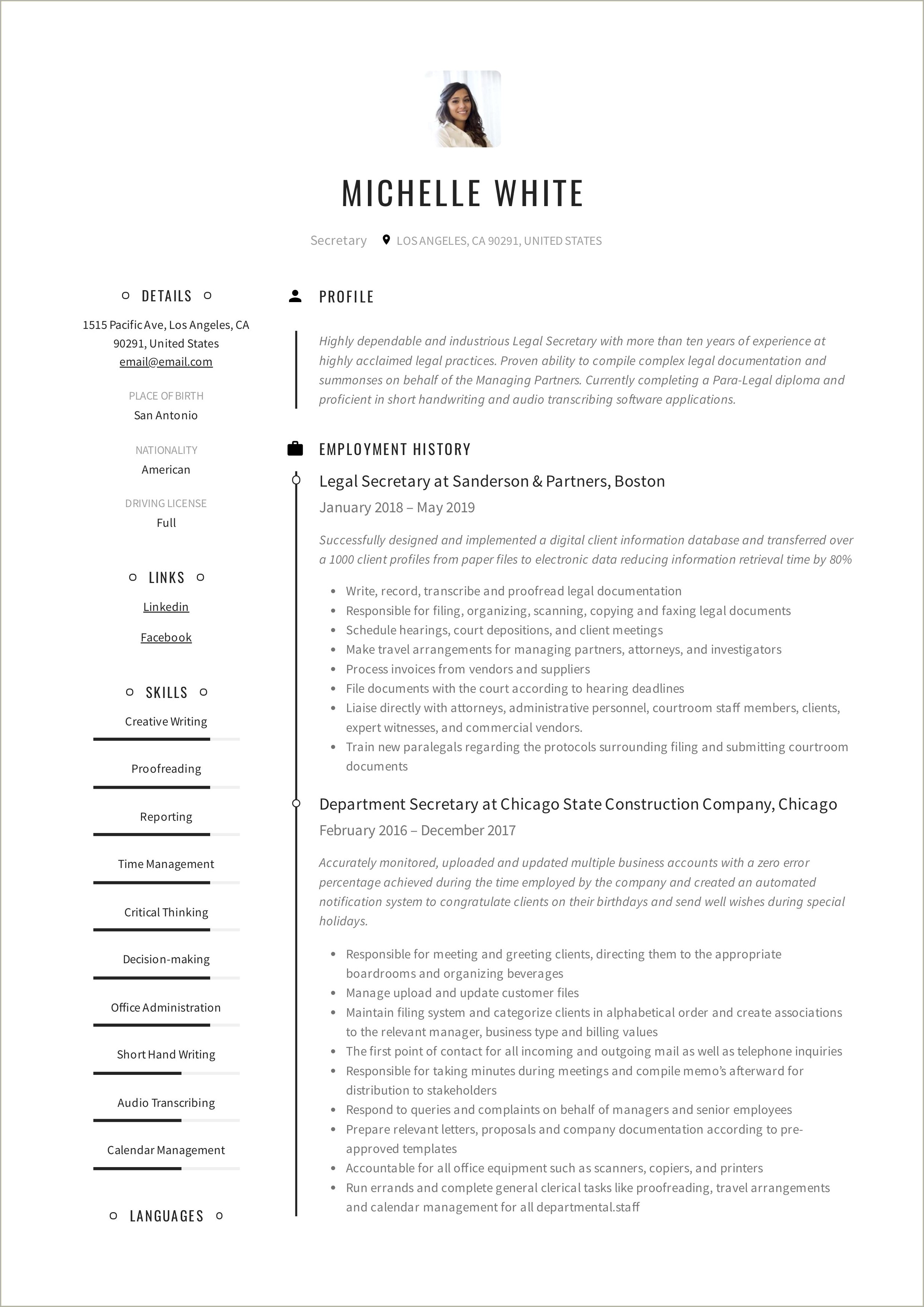 Skills Summary For Department Secretary Resume