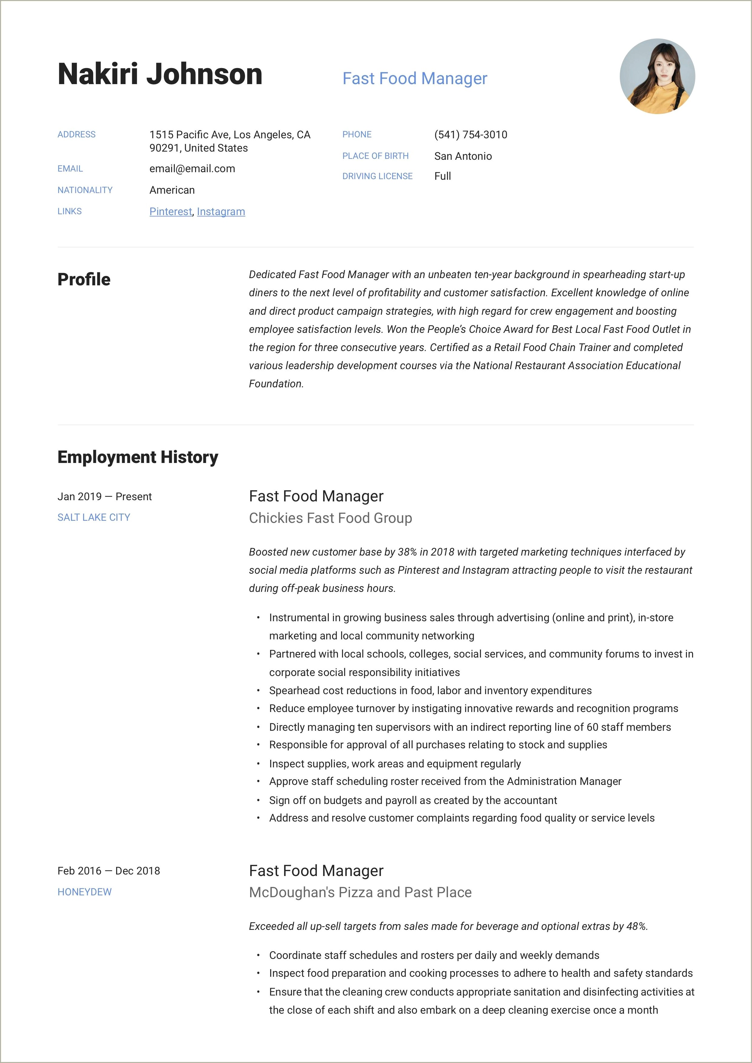 Skills Summary For Fast Food Resume