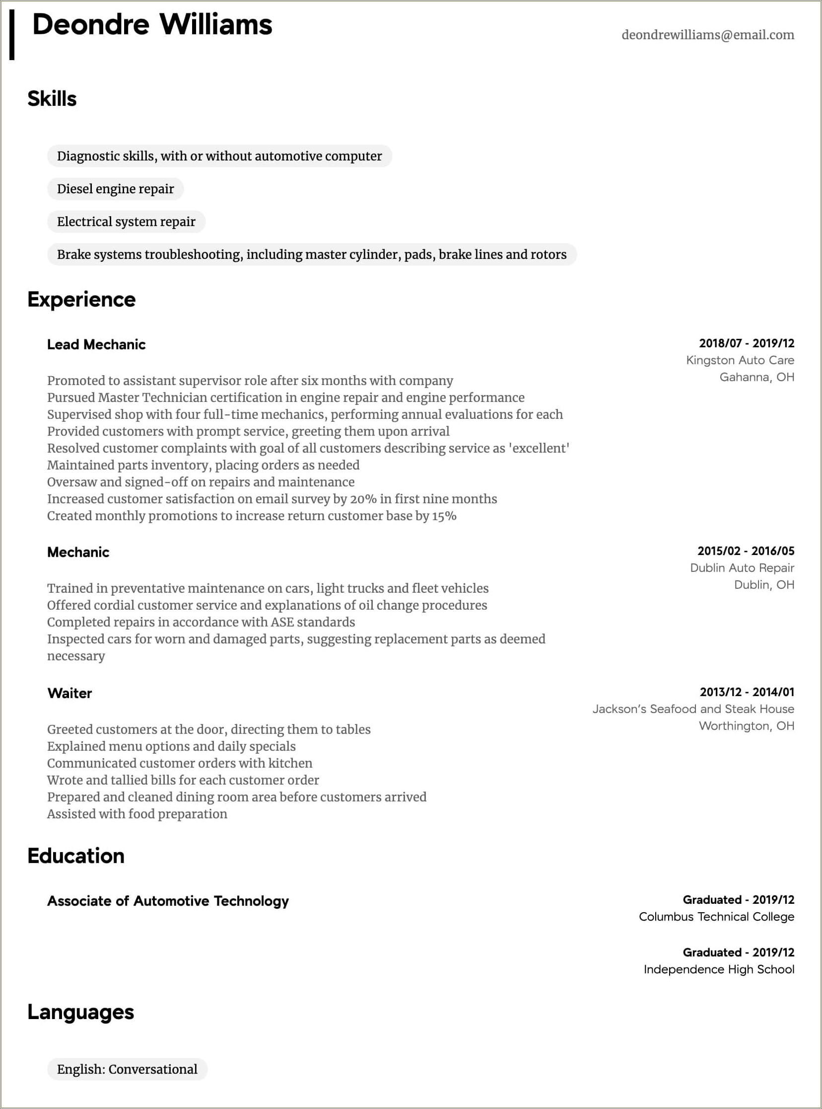 Skills To Include On Resume For Mechanic