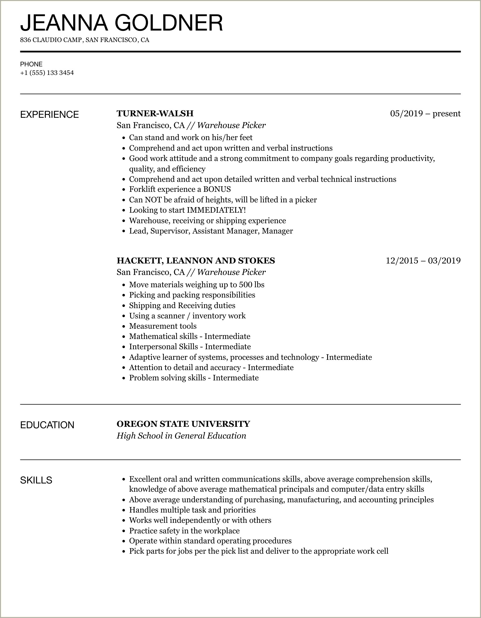 Skills To Include On Resume For Warehouse