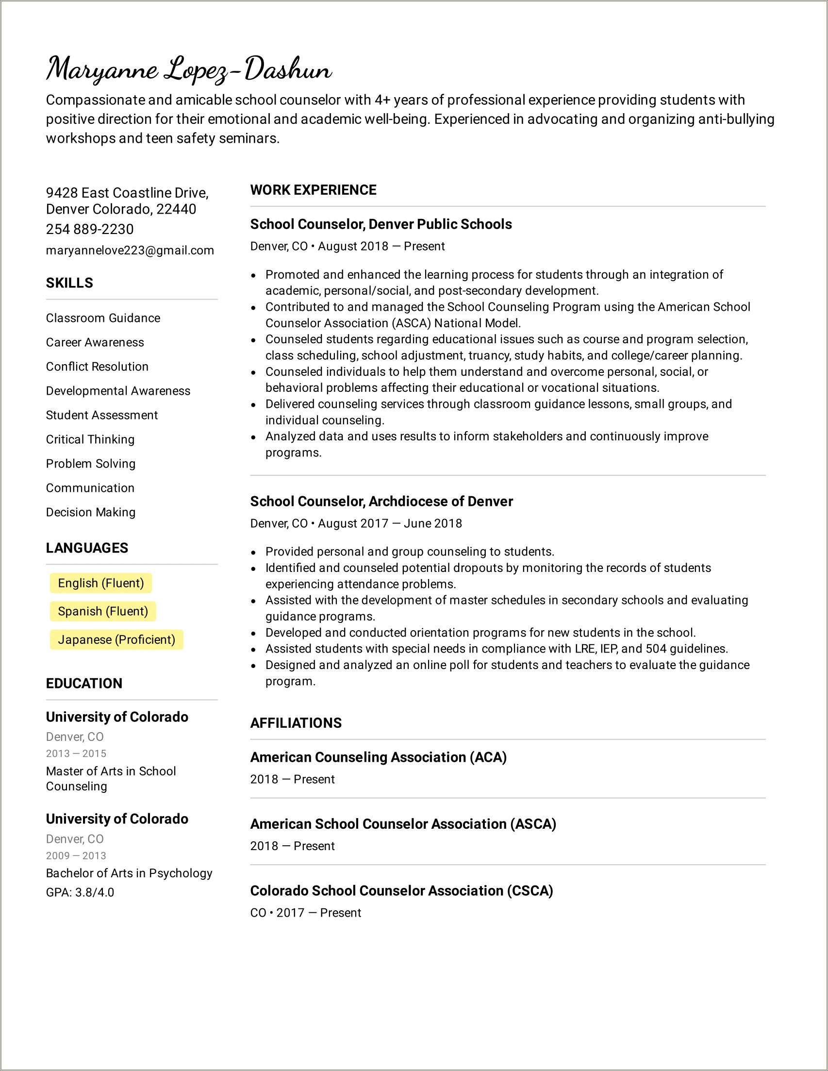 Skills To List On Counselor Resume