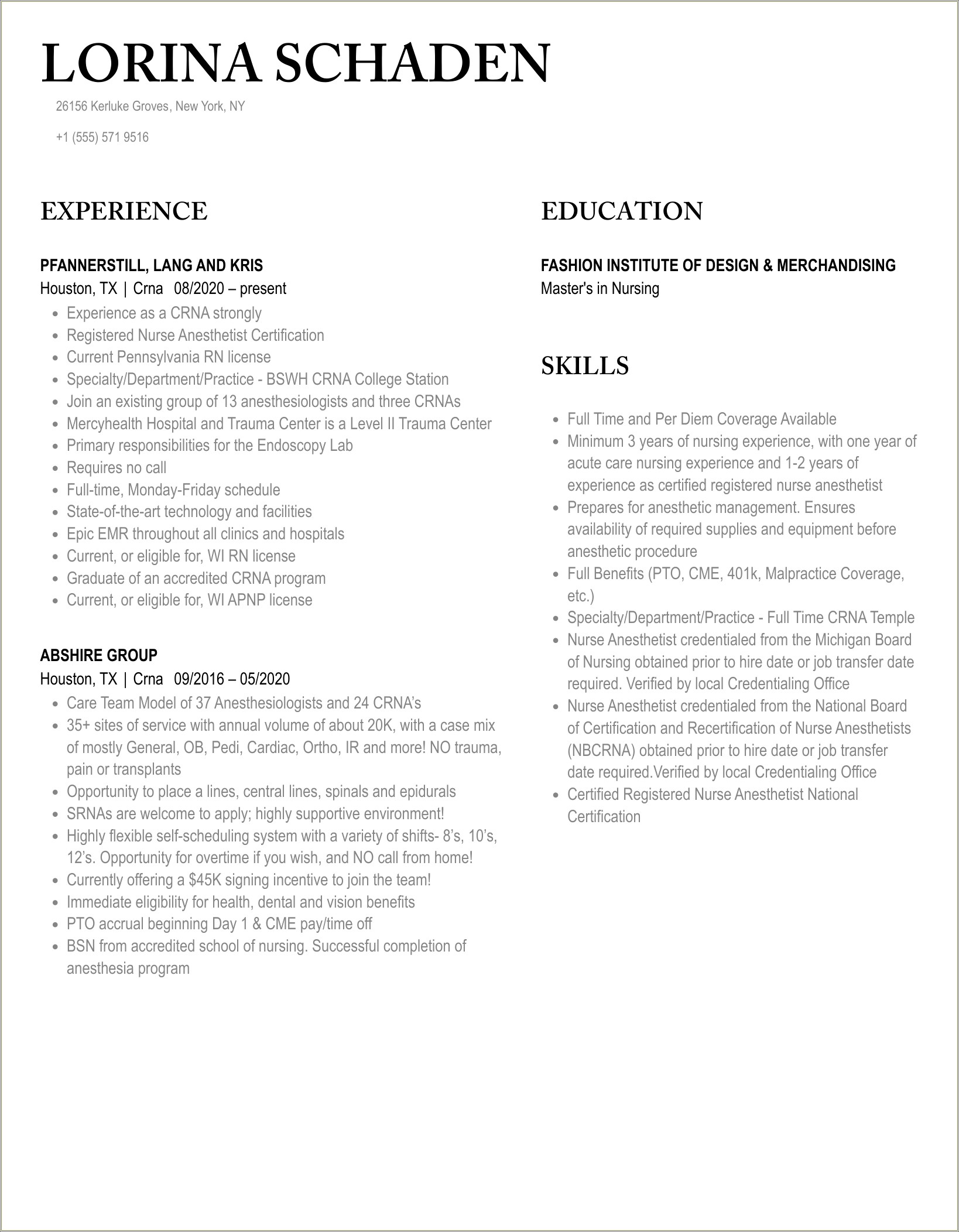 Skills To List On Crna Resume