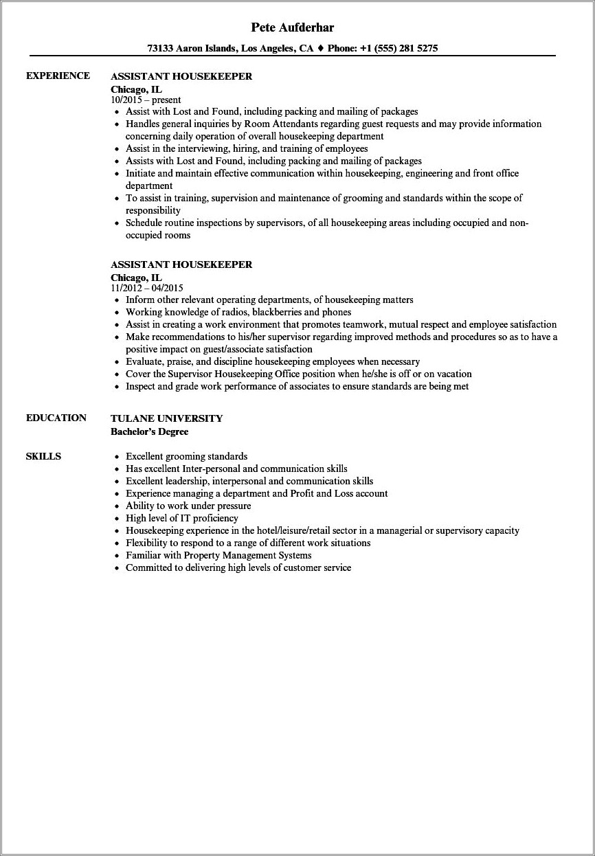 Skills To List On Housekeeping Resume