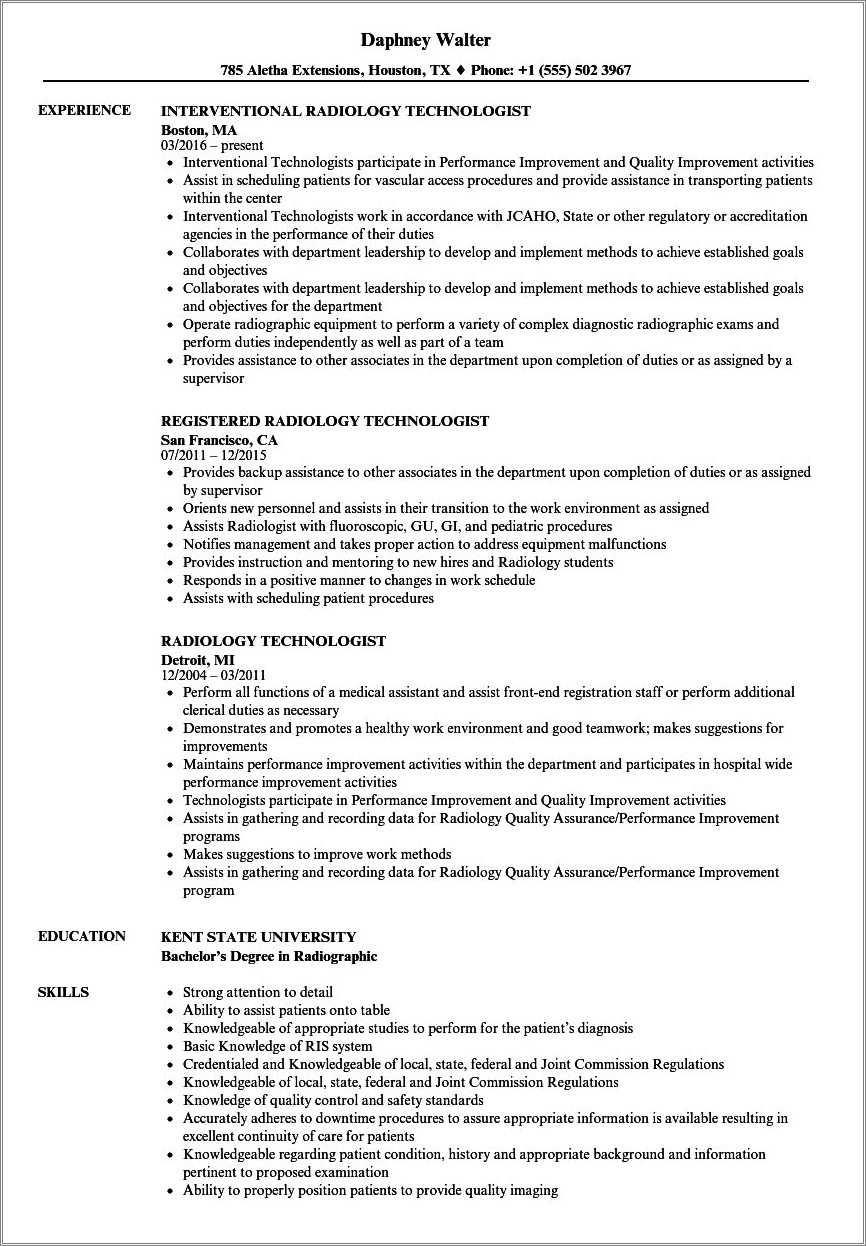 Skills To List On Resume For Radiologic Technologist