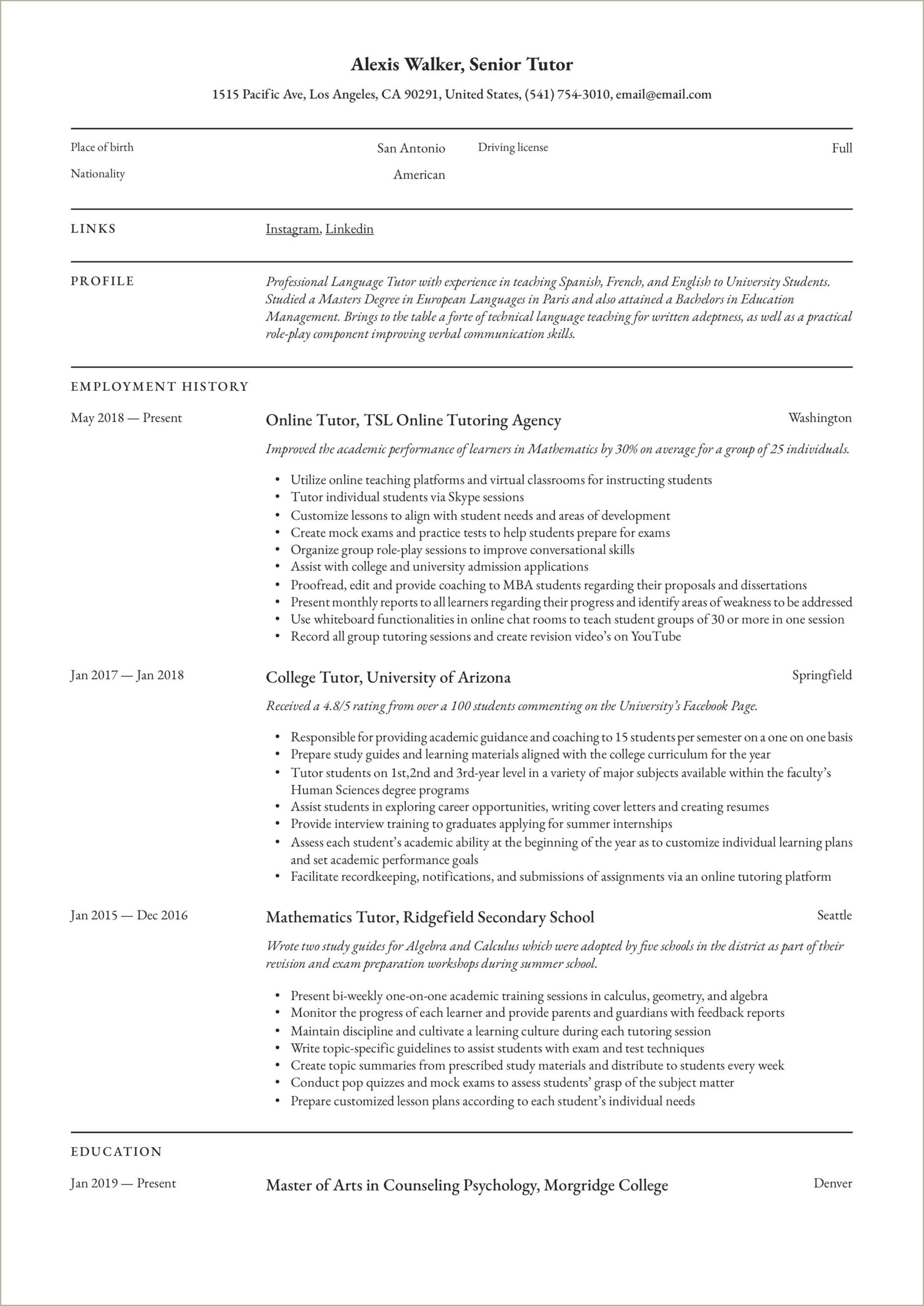 Skills To List On Tutoring Resume