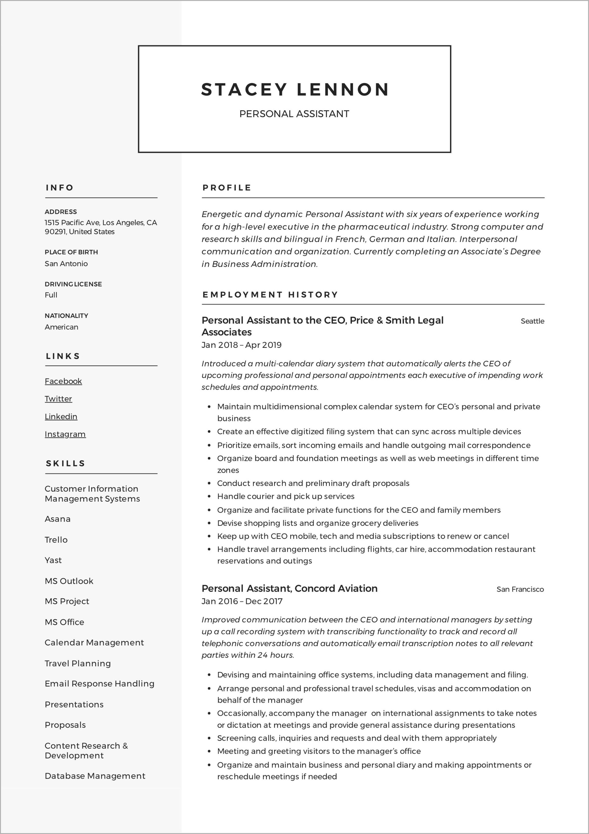 Skills To Put Down On Persoanl Assiatant Resume