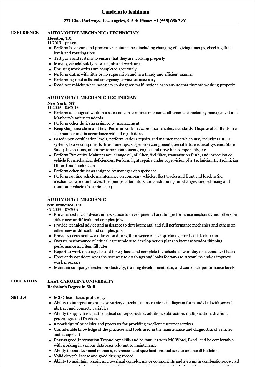 Skills To Put On A Mechanic Resume