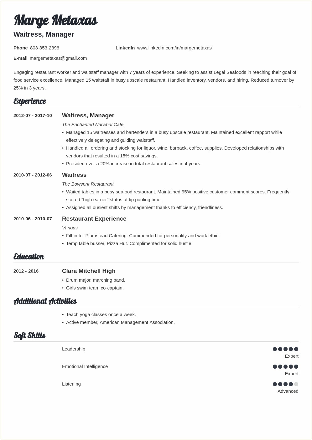 Skills To Put On A Resume Restaurant