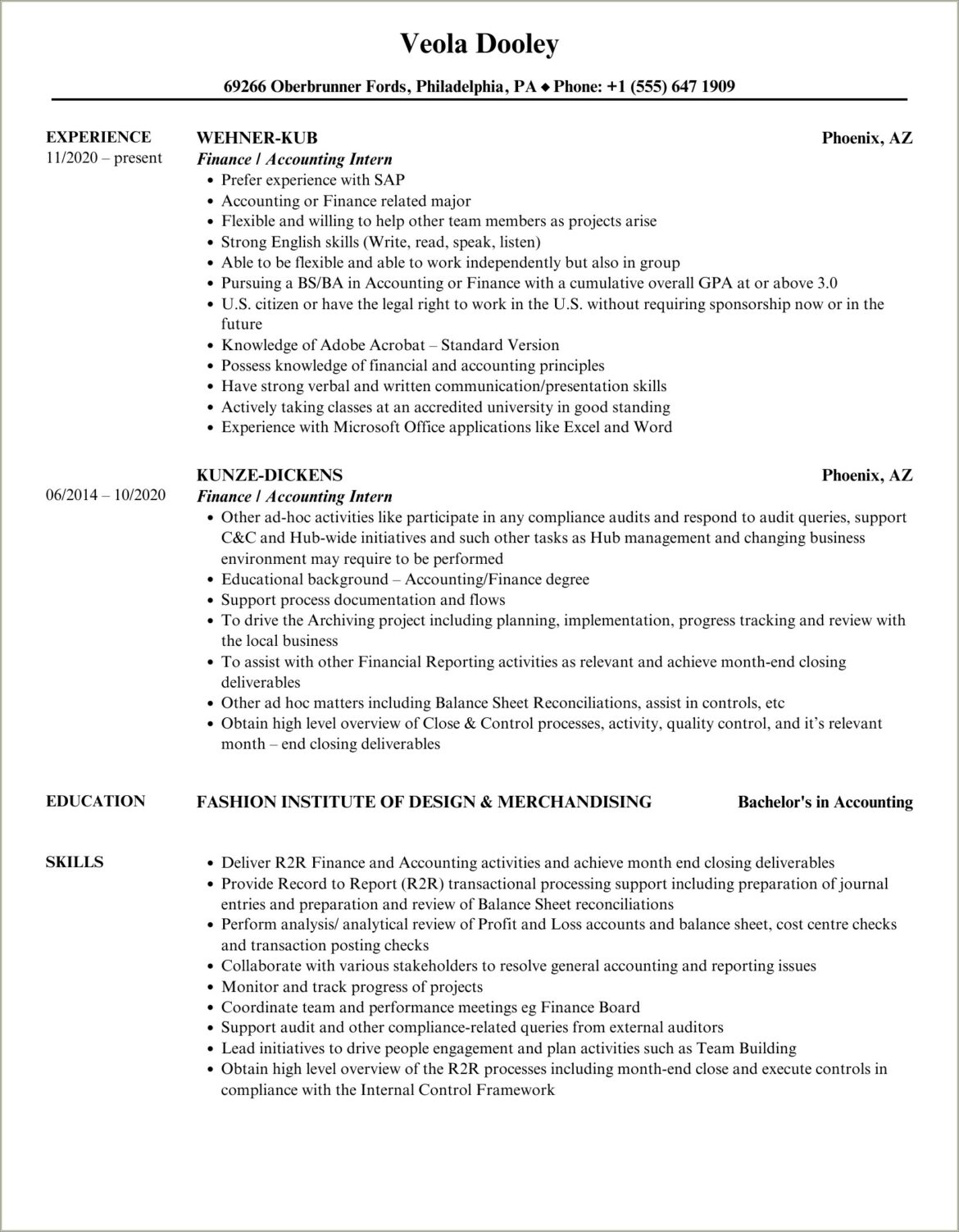 Skills To Put On Accounting Internship Resume