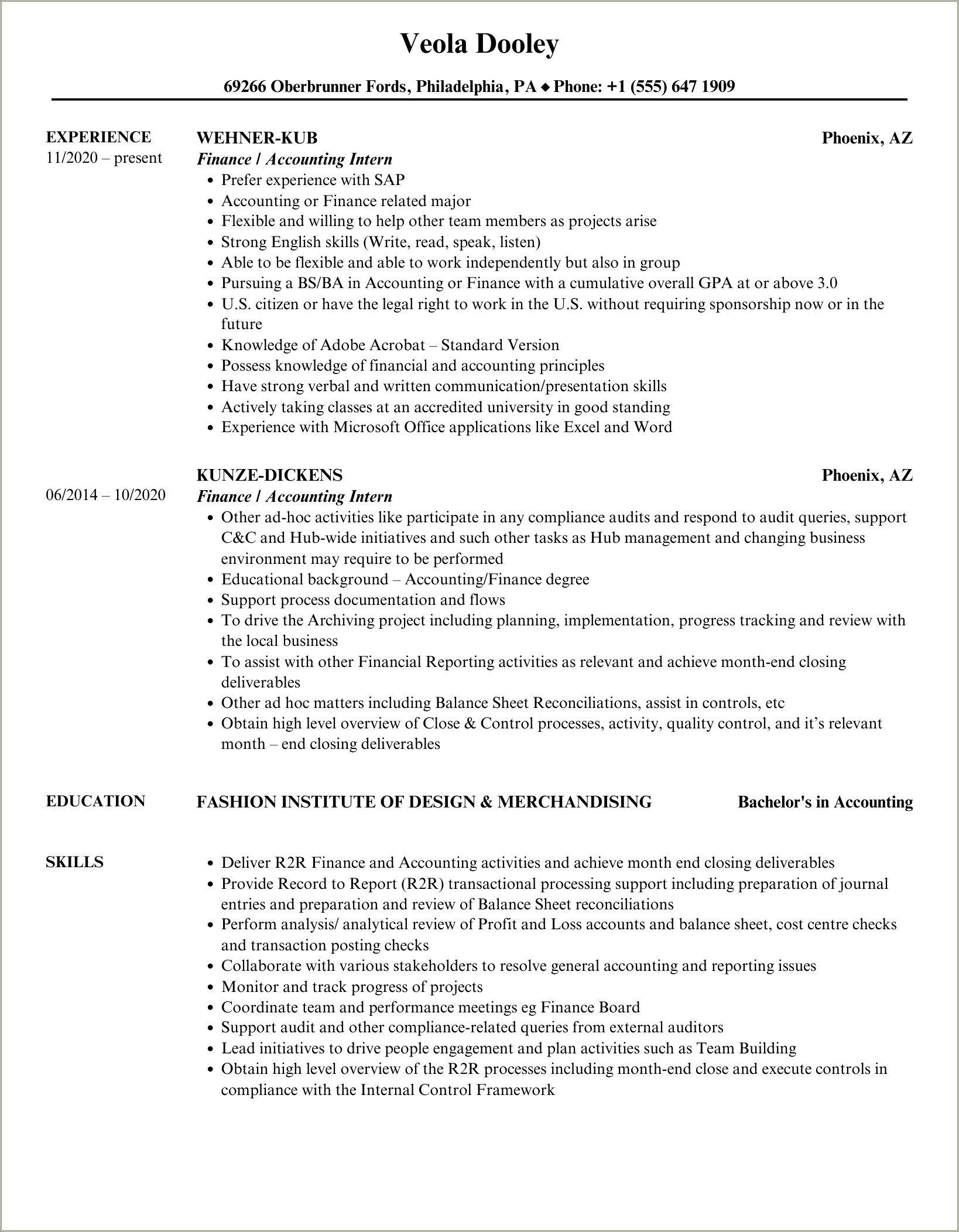 Skills To Put On Accounting Internship Resume