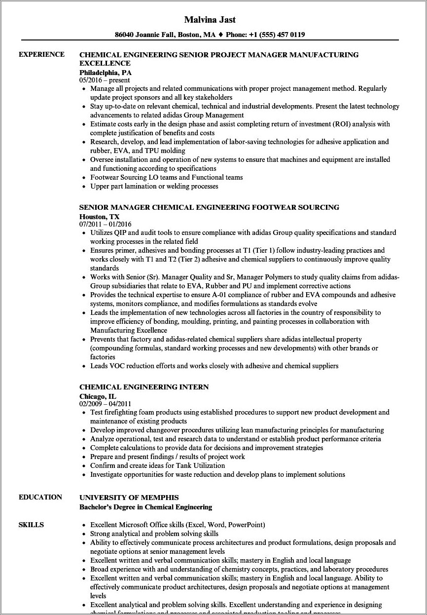 Skills To Put On Resume Chemical Engineering