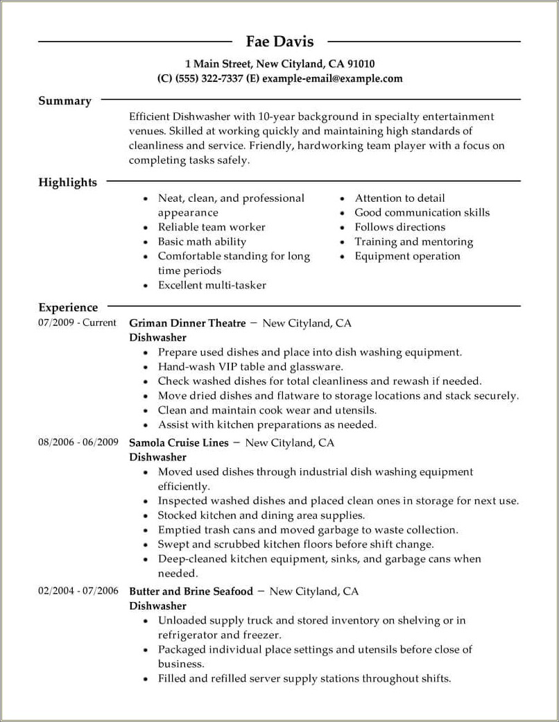 Skills To Put On Resume Dishwash