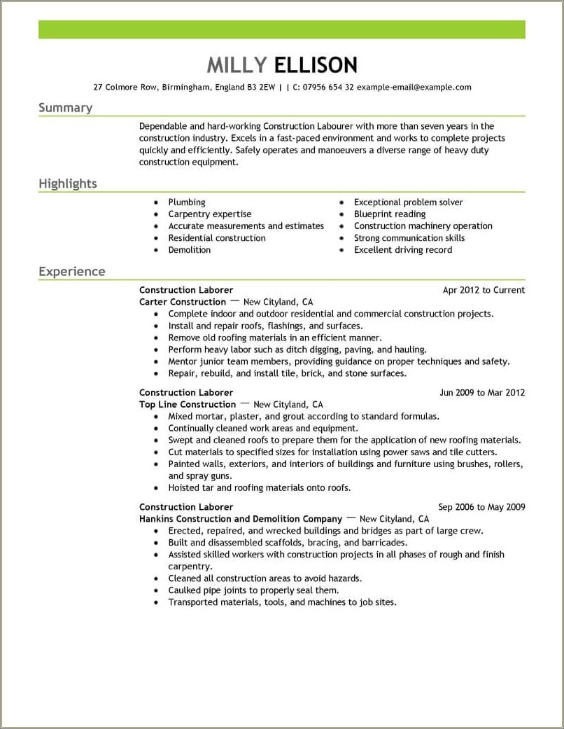 Skills To Put On Resume For Construction