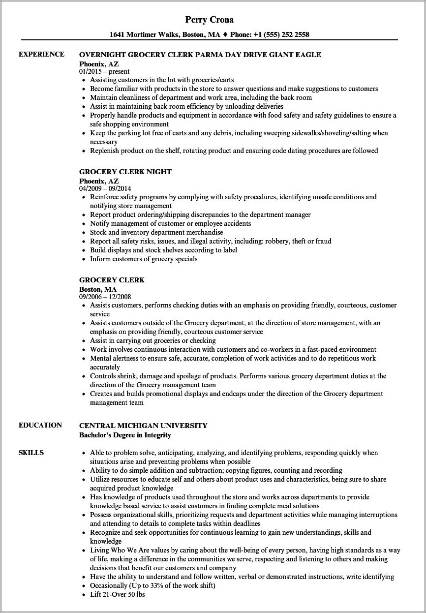 Skills To Put On Resume For Grocery Store