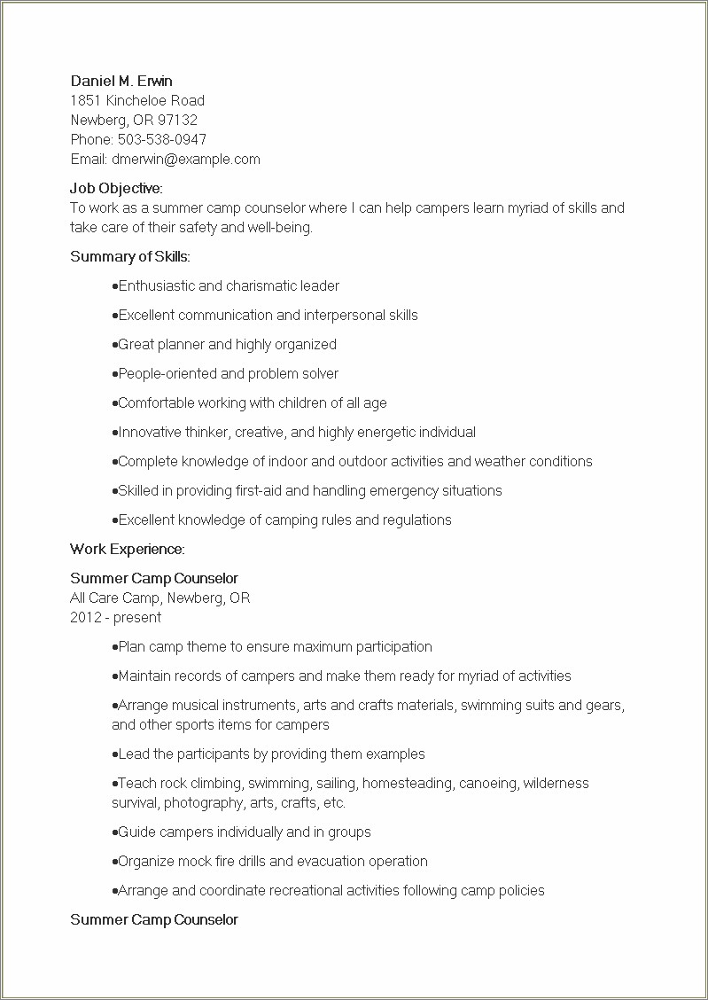 Skills To Put On Resume For Summer Camp