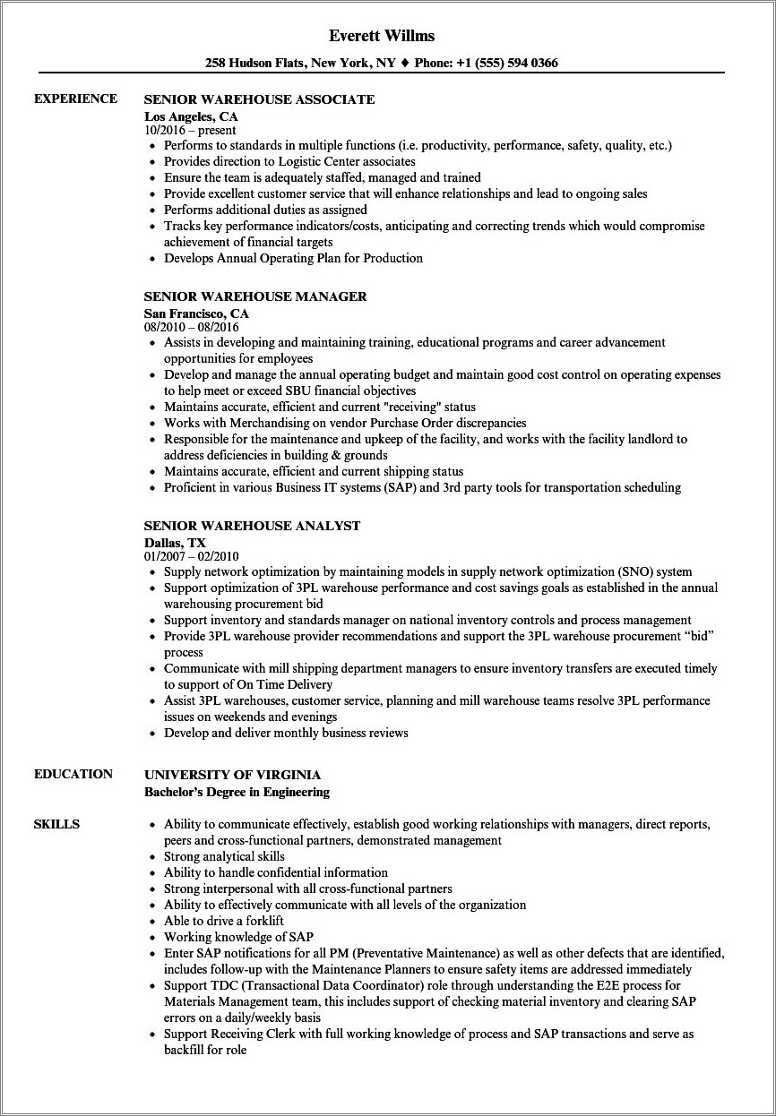 Skills To Put On Resume For Warehouse