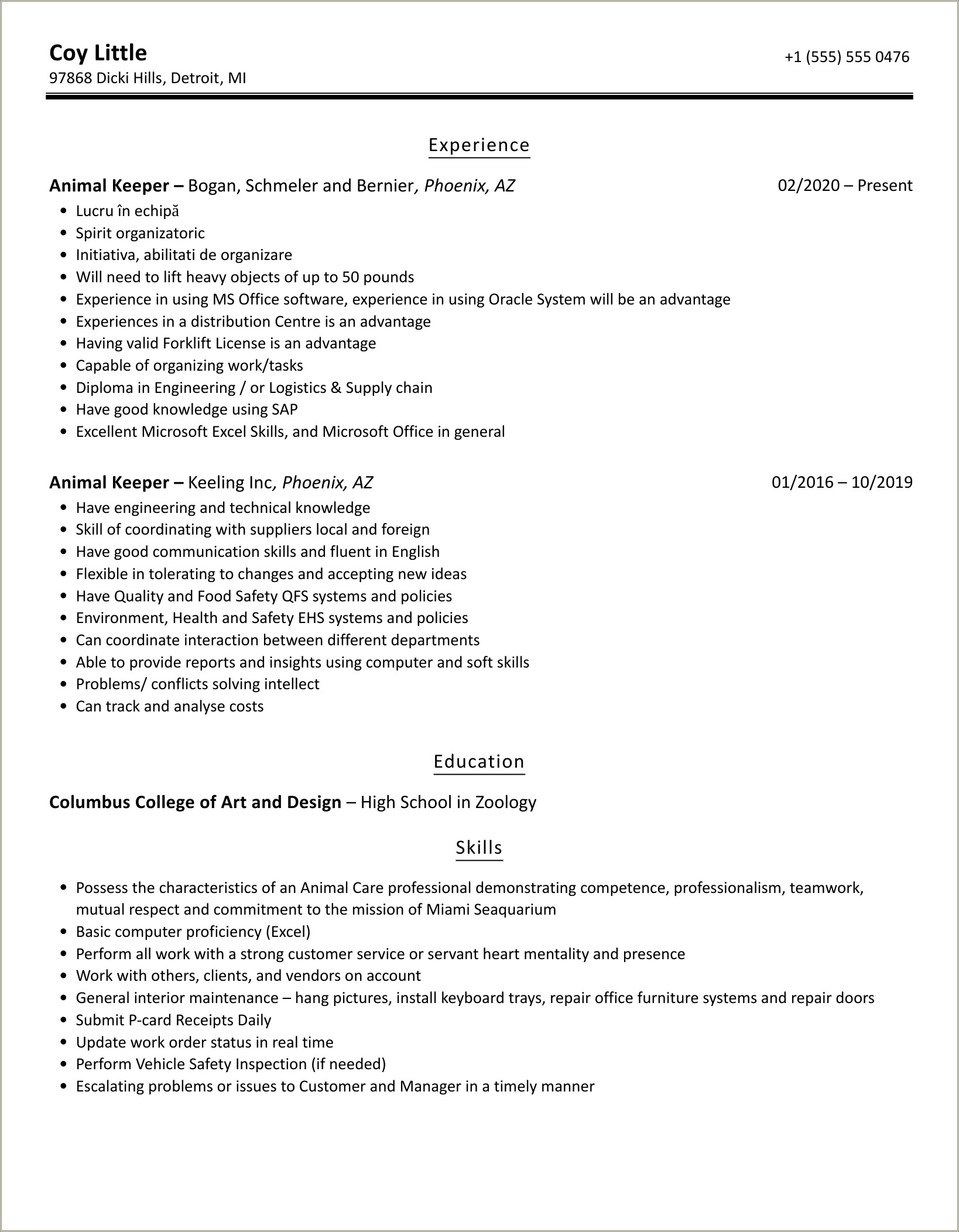 Skills To Put On Zookeeper Resume