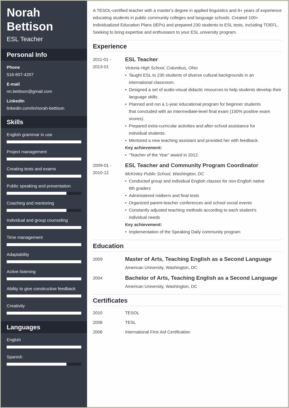 Skills To Use On Esl Resume