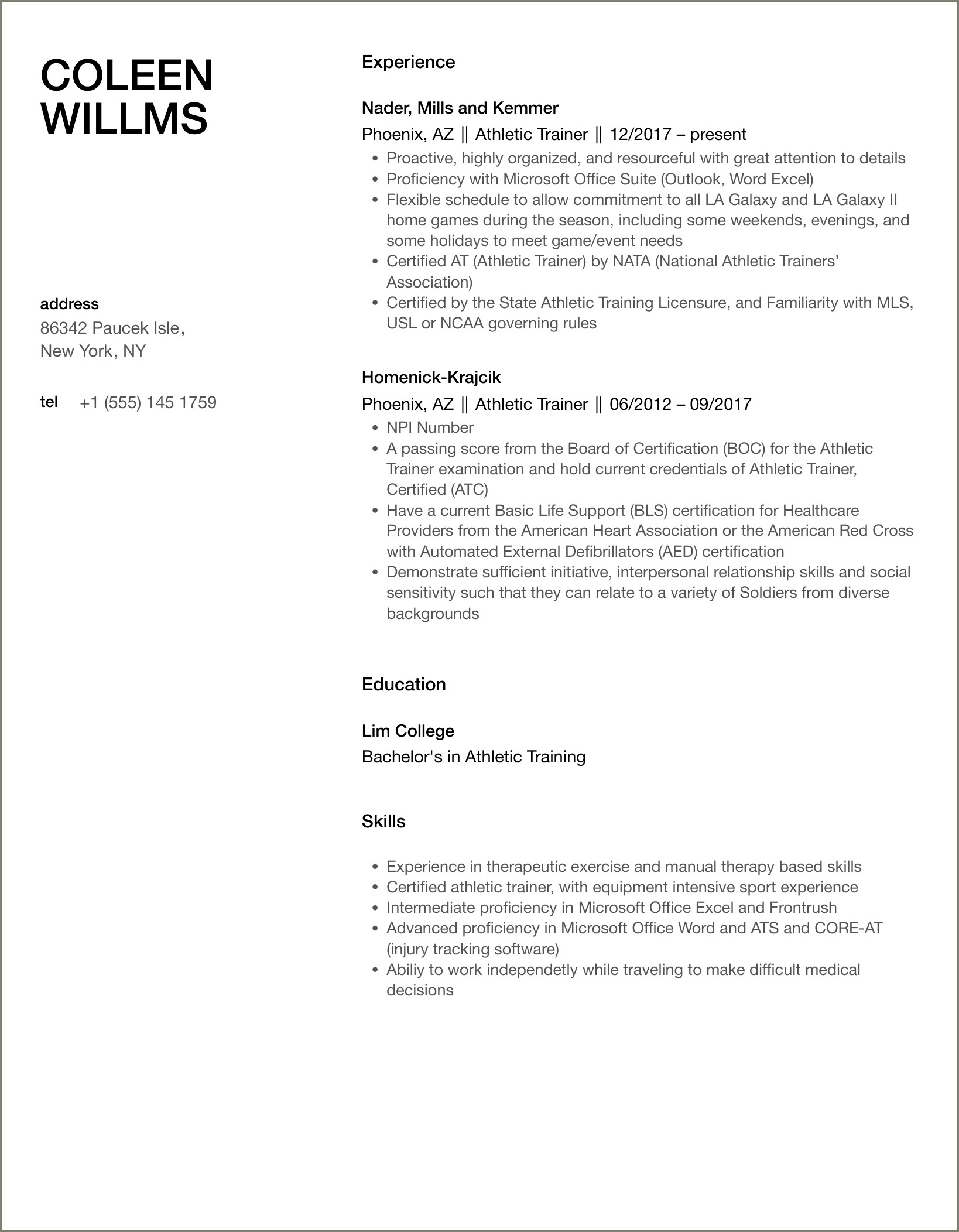 Skills With College Athlete On Resume