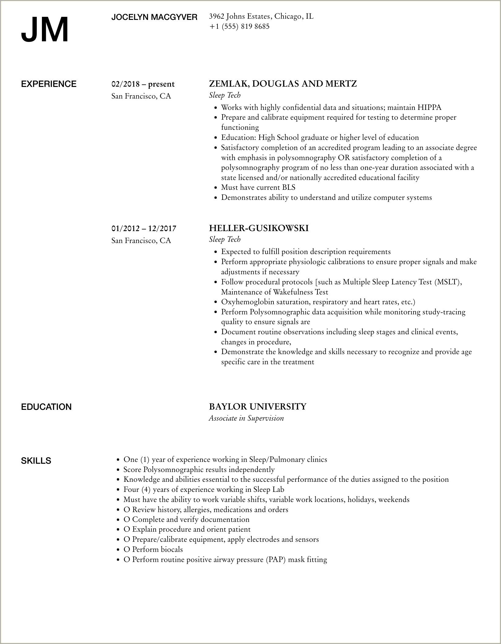 Sleep Tech Job Description For Resume