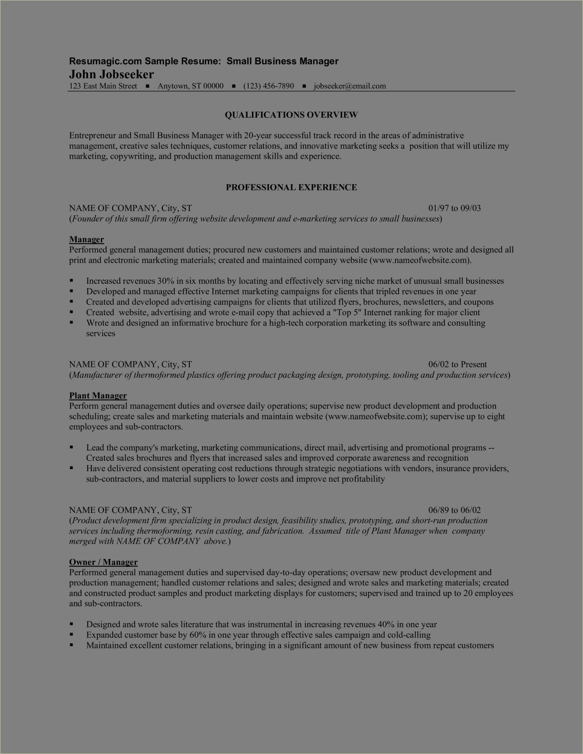 Small Business Manager Job Description For Resume