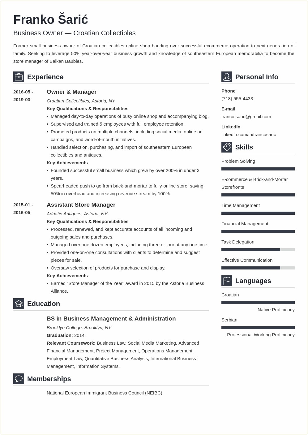 Small Business Owner Job Description For Resume