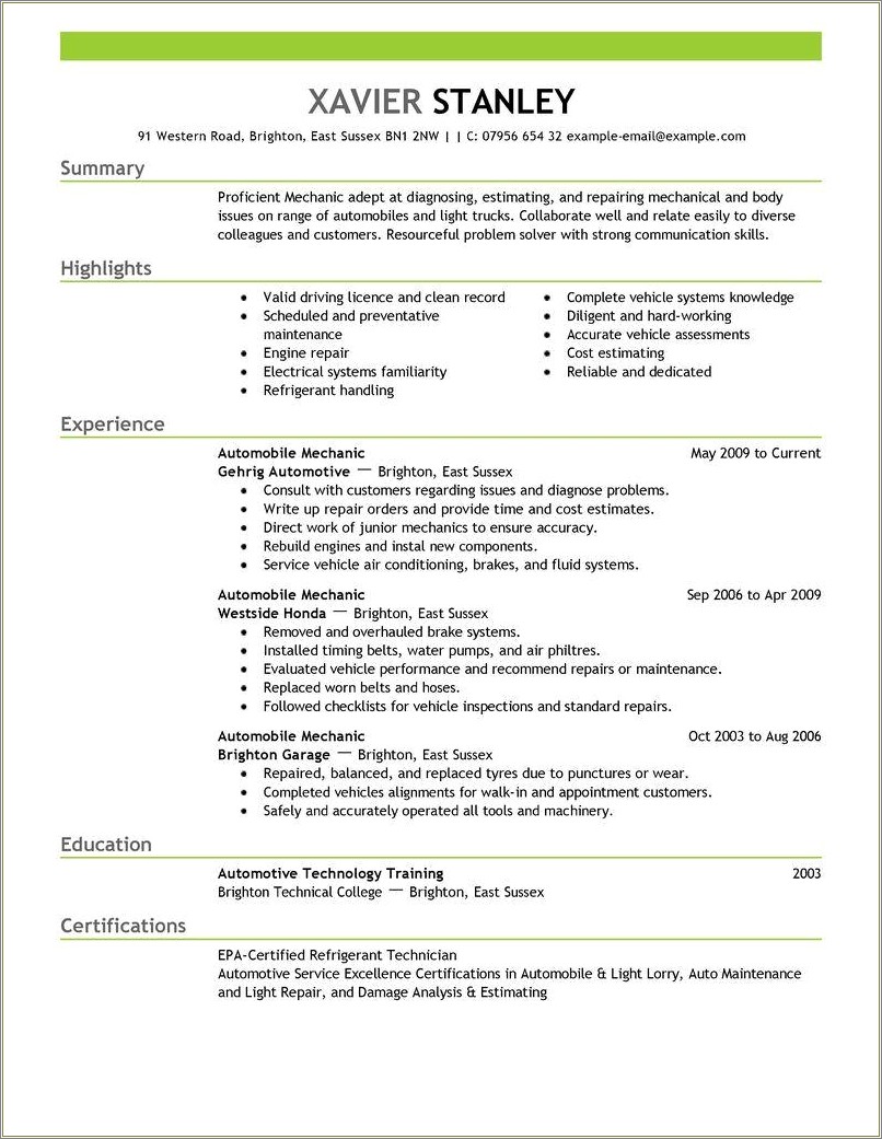 Small Engine Mechanic Resume And Cover Letter