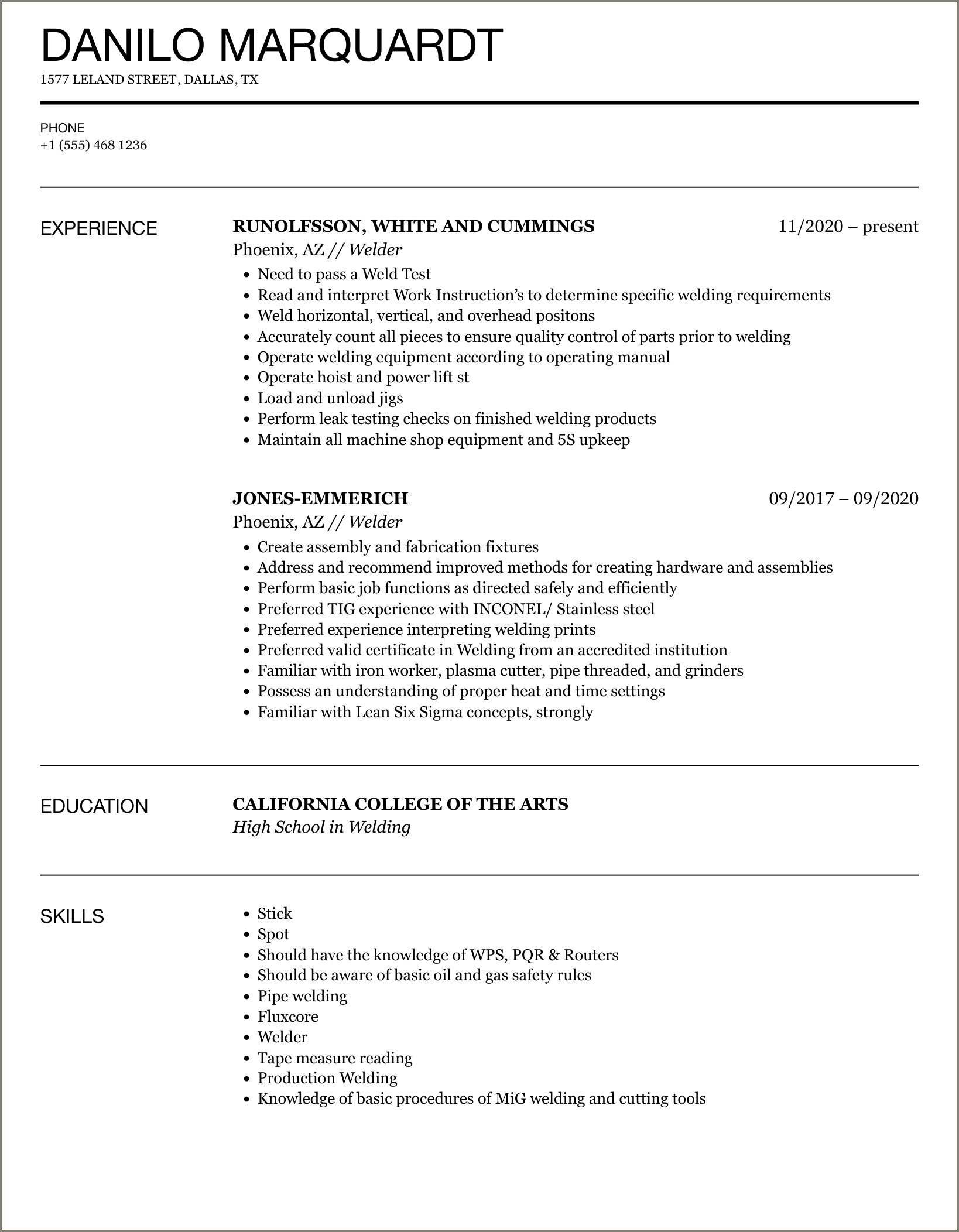 Smaw Welder Job Description For Resume