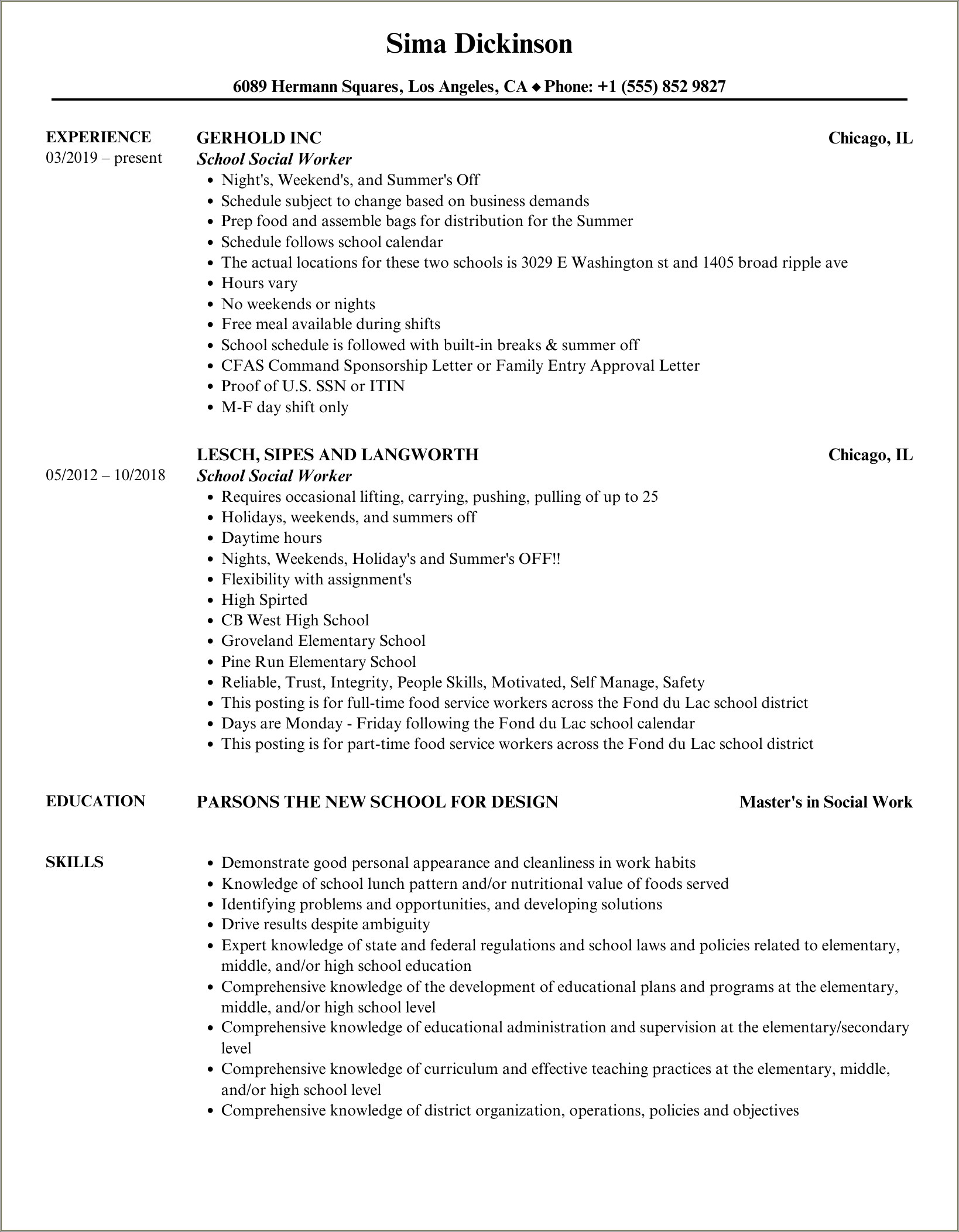 Sobjective In A Resume Social Work