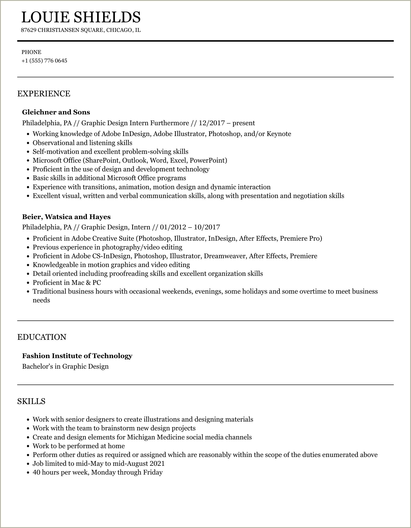 Social Media Design Intern Resume Example