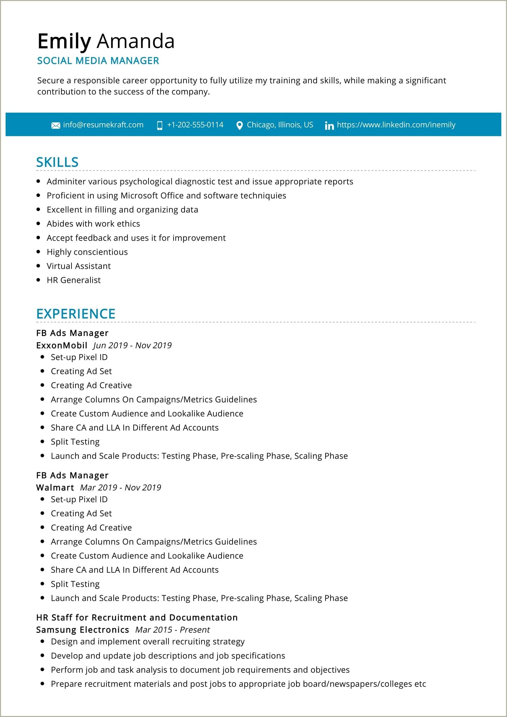 Social Media Intern Description For Resume