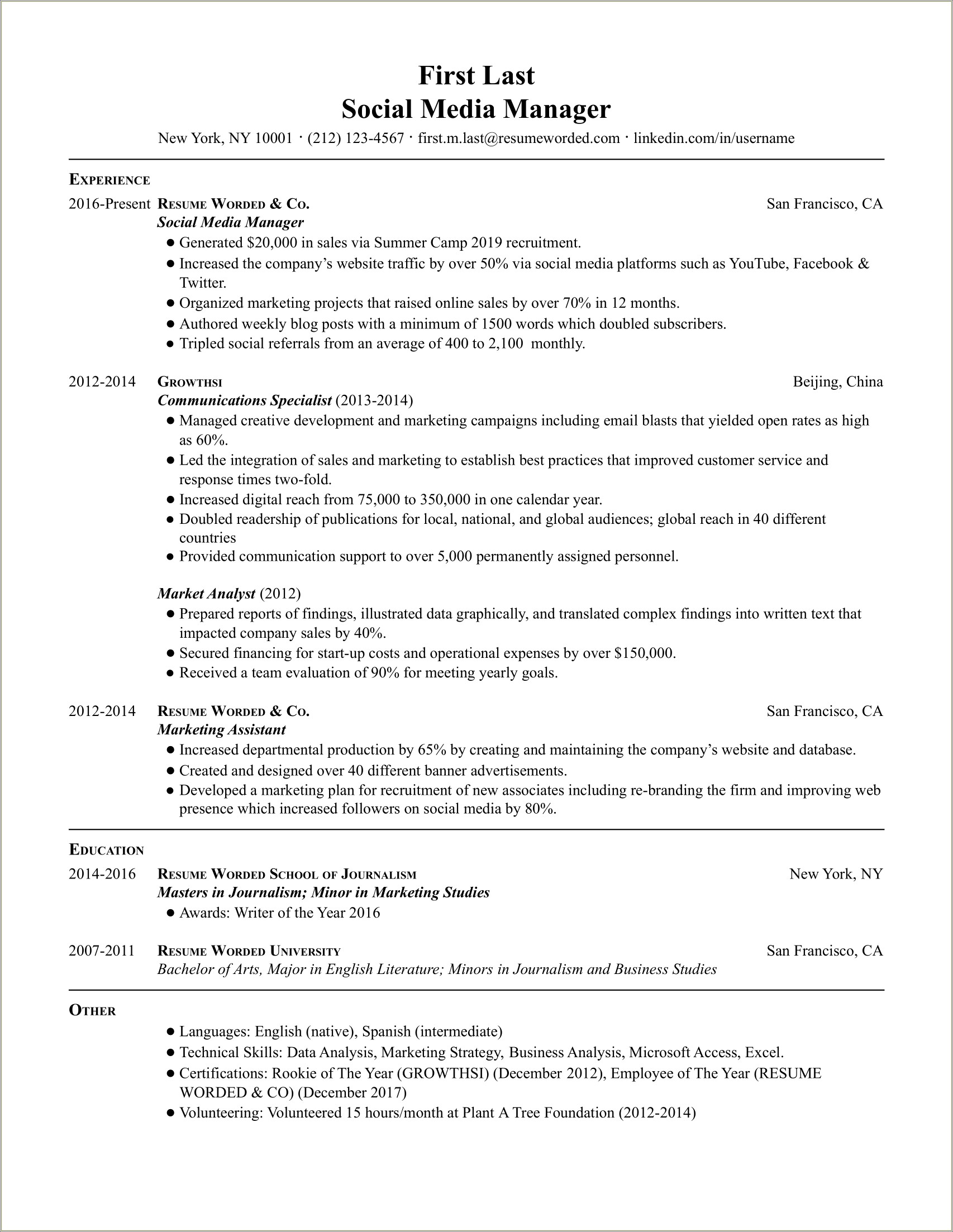 Social Media Manager Job Description For Resume