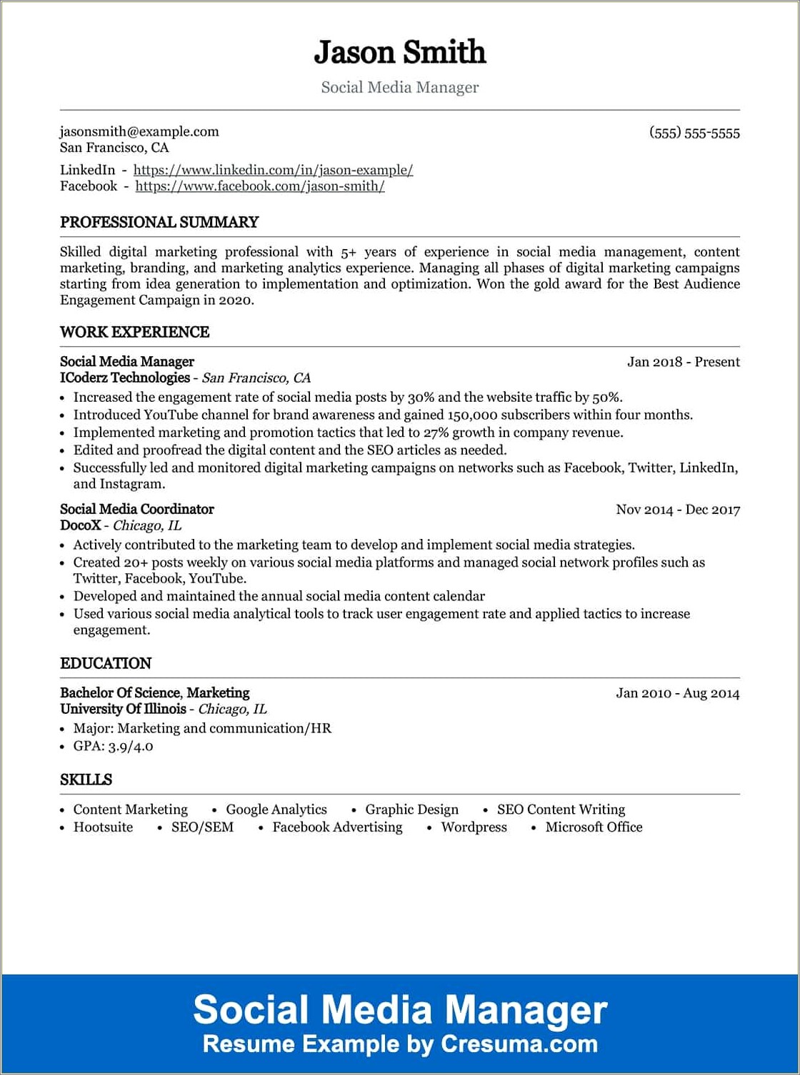 Social Media Manager Resume No Work Experience