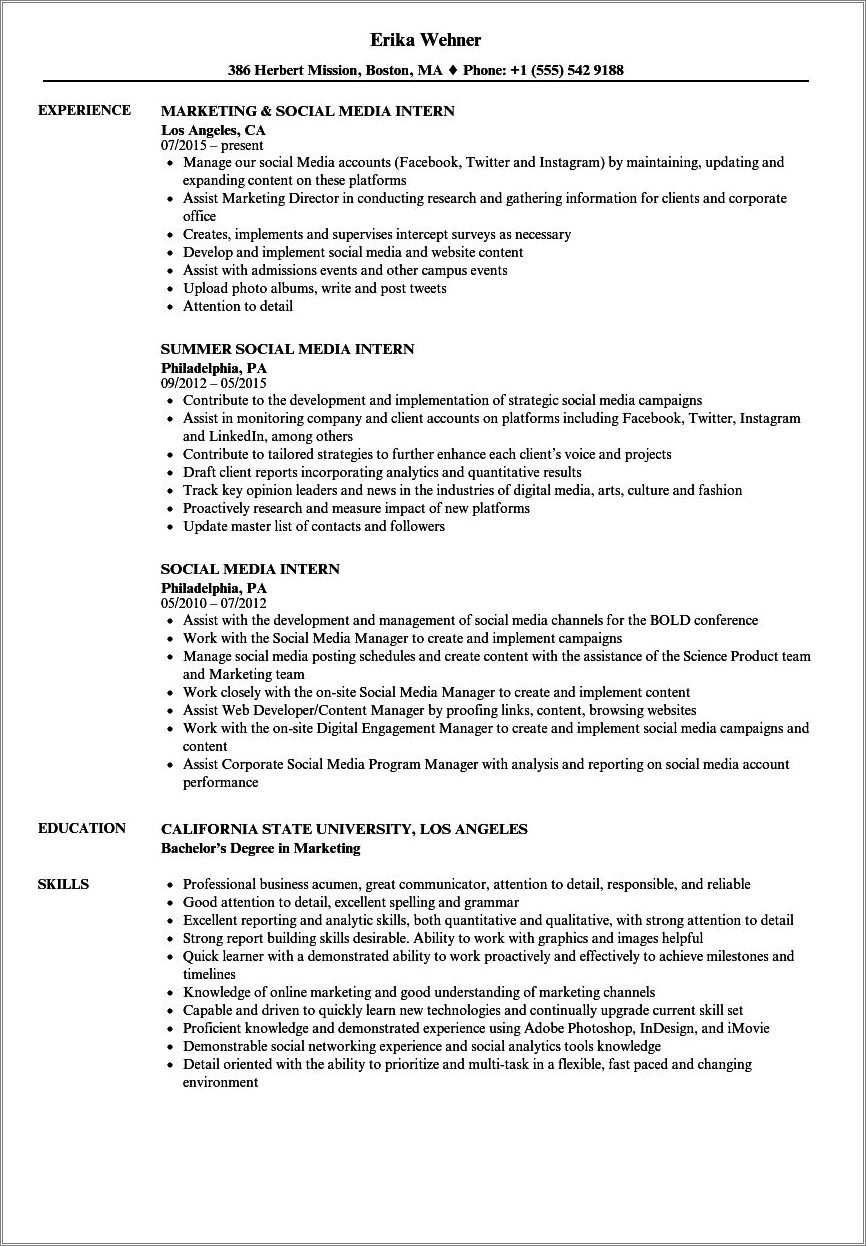 Social Media Marketing Intern Resume No Experience