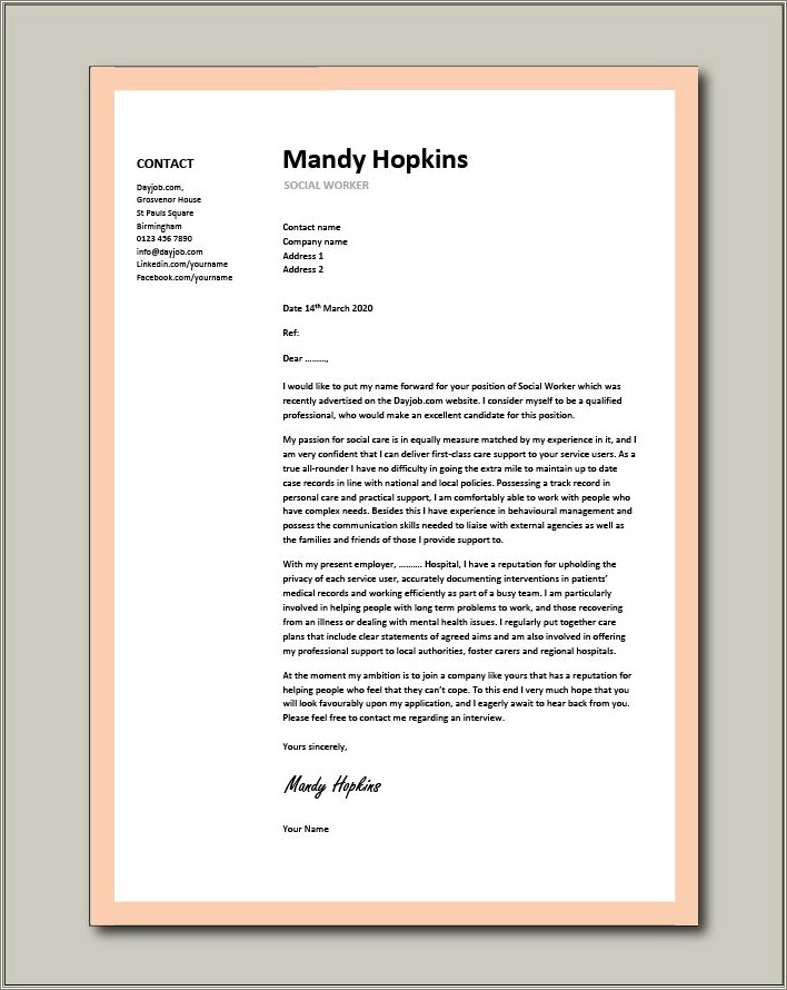 Social Services Job Cover Letter For Resume