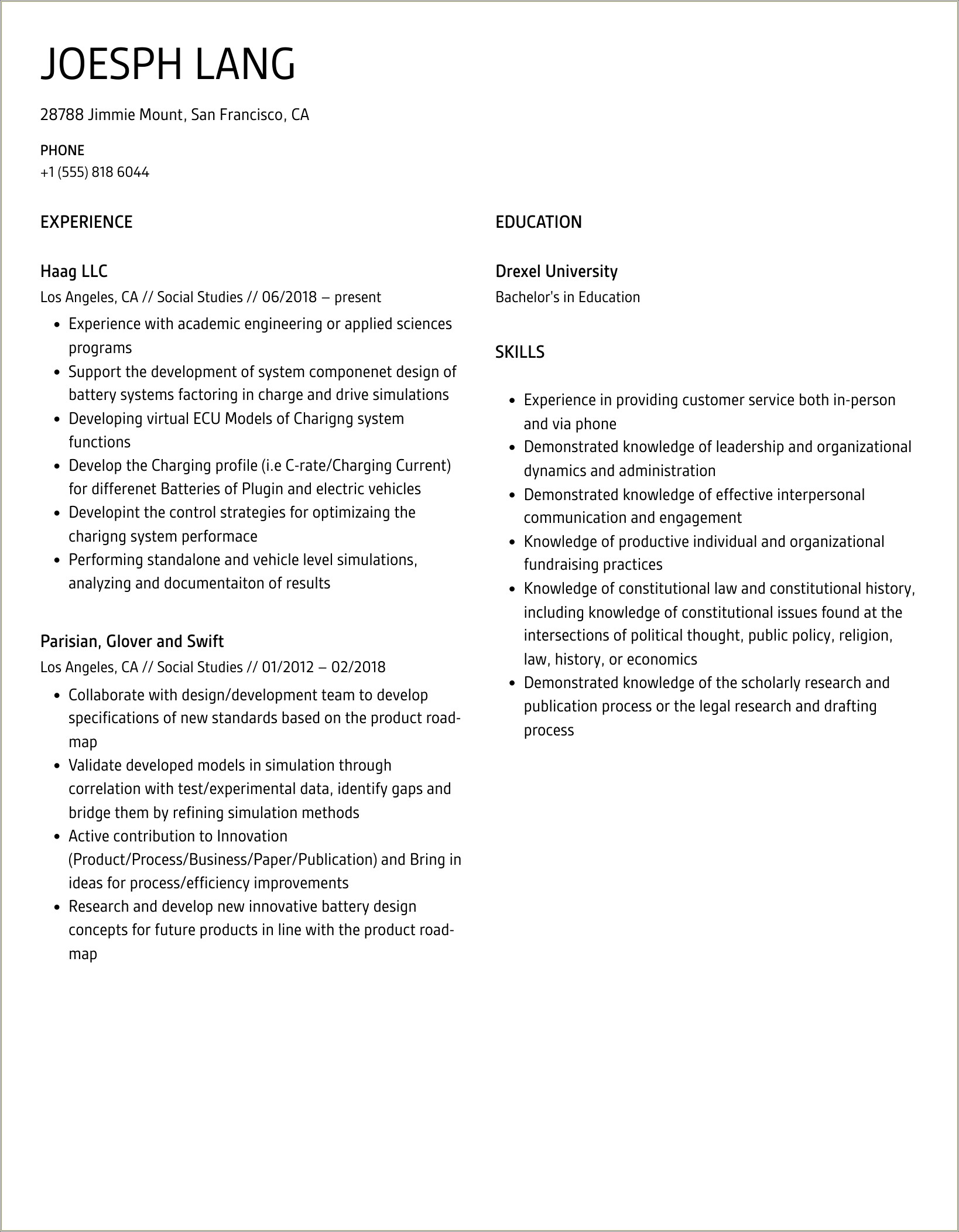 Social Studies Teacher Club Advisor Resume Examples