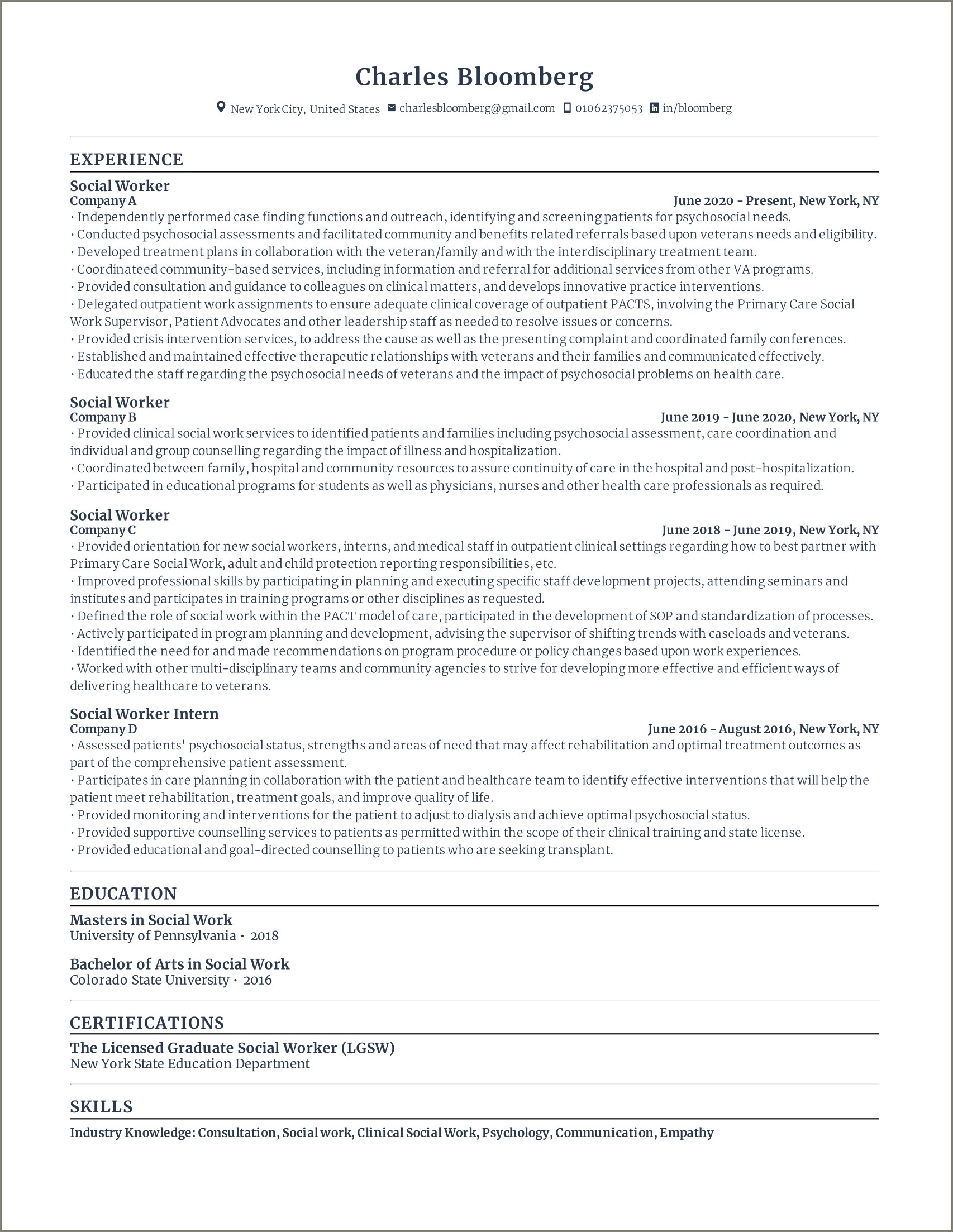 Social Work Resume For Recent Graduate