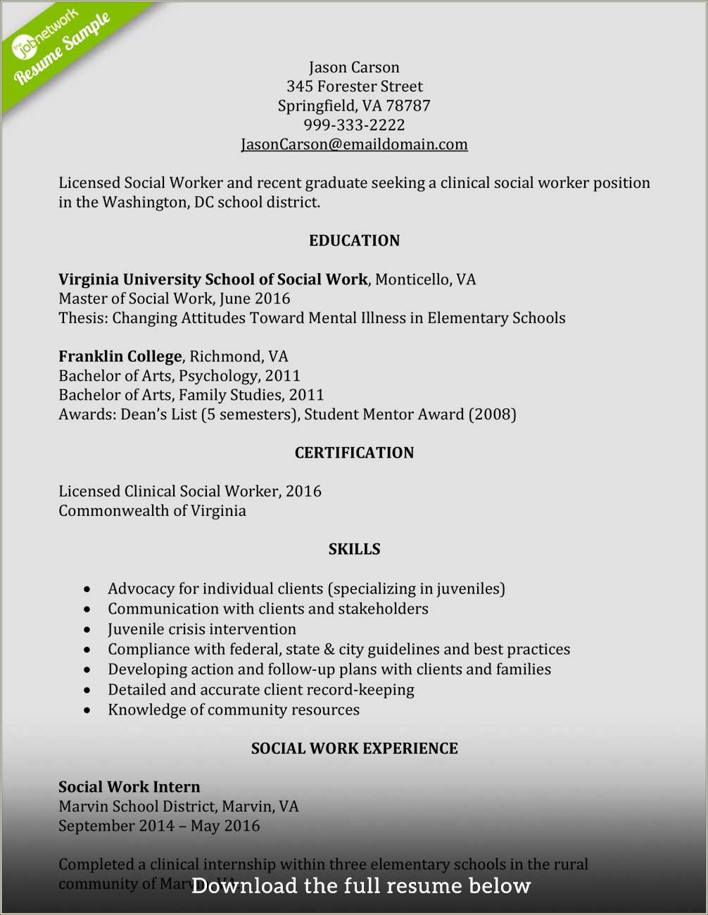 Social Work Resume Summary Of Qualifications